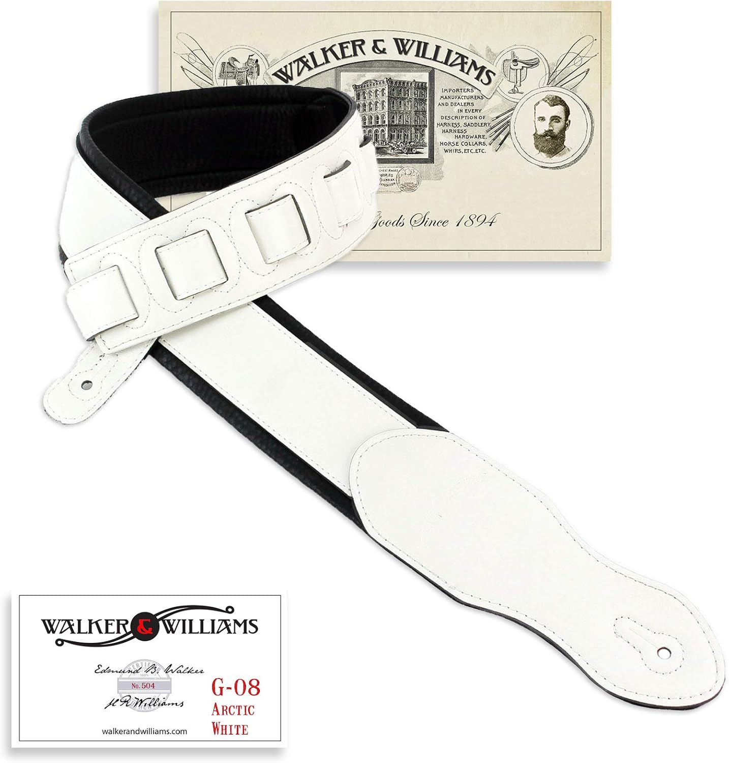 CORREA PARA GUITARRA WALKER Y WILLIAMS G-08 BLANCA ACOLCHADA CON RESPALDO DE CUERO - 1
