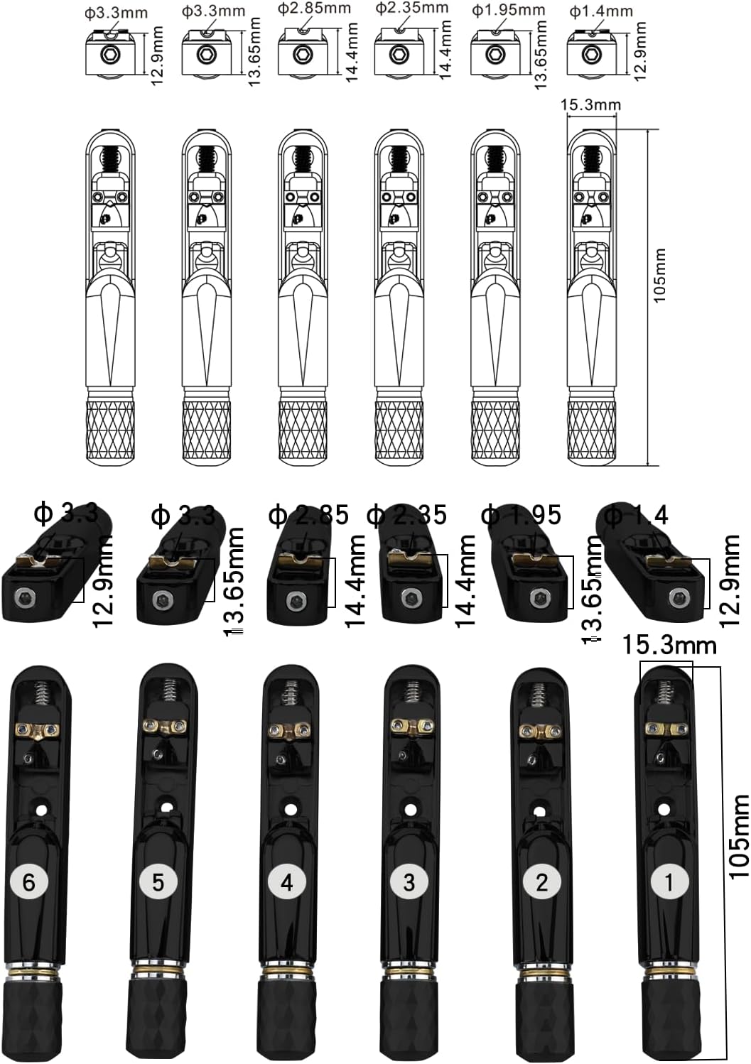 JUEGO DE 6 PUENTES INDIVIDUALES PARA BAJO SIN CABEZAL DE 6 CUERDAS OVSAL NEGRO CONDUCTOR - 3