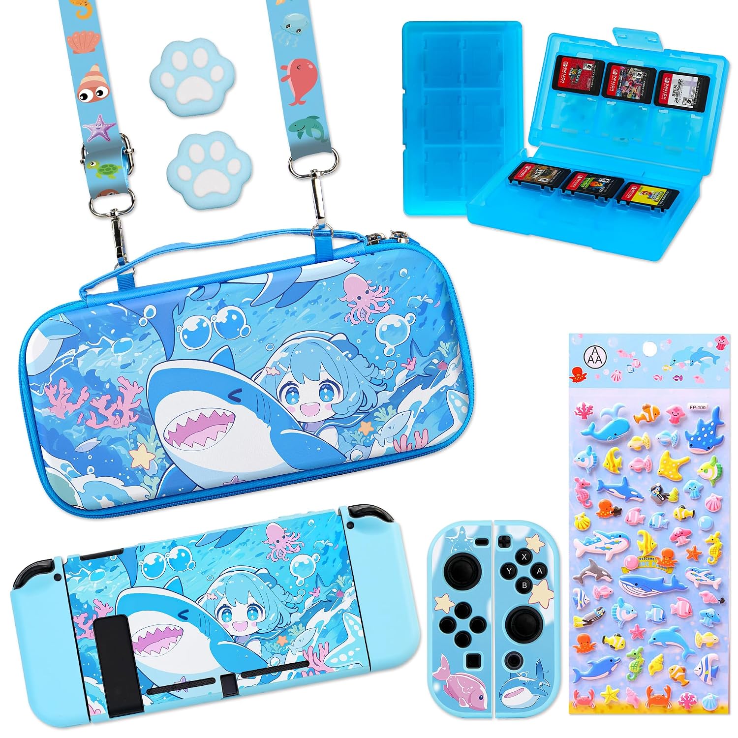 FUNDA DE TRANSPORTE PERFECTSIGHT PARA NINTENDO SWITCH 6.2 PULGADAS CON ACCESORIOS 10 EN 1 TIBURÓN AZUL - 1
