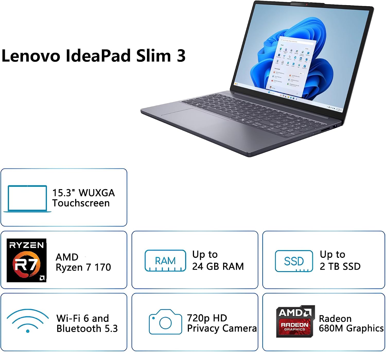 LAPTOP LENOVO IDEAPAD SLIM 3 15.3' AMD RYZEN 7 16GB DDR5 1TB SSD - 3