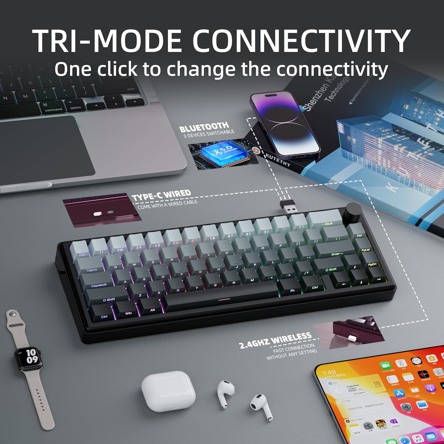 TECLADO MECÁNICO INALÁMBRICO 65% ZHOUWANG ALUMINIO BLANCO CON CONEXIÓN BLUETOOTH - 2