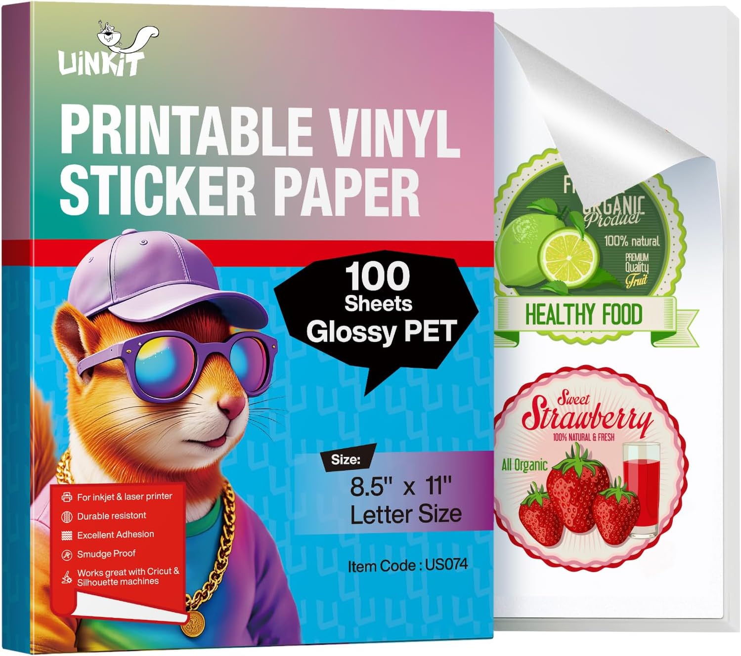PAPEL ADHESIVO VINILO PET BRILLANTE UINKIT TAMAÑO CARTA 8.5X11' 100 HOJAS - 1