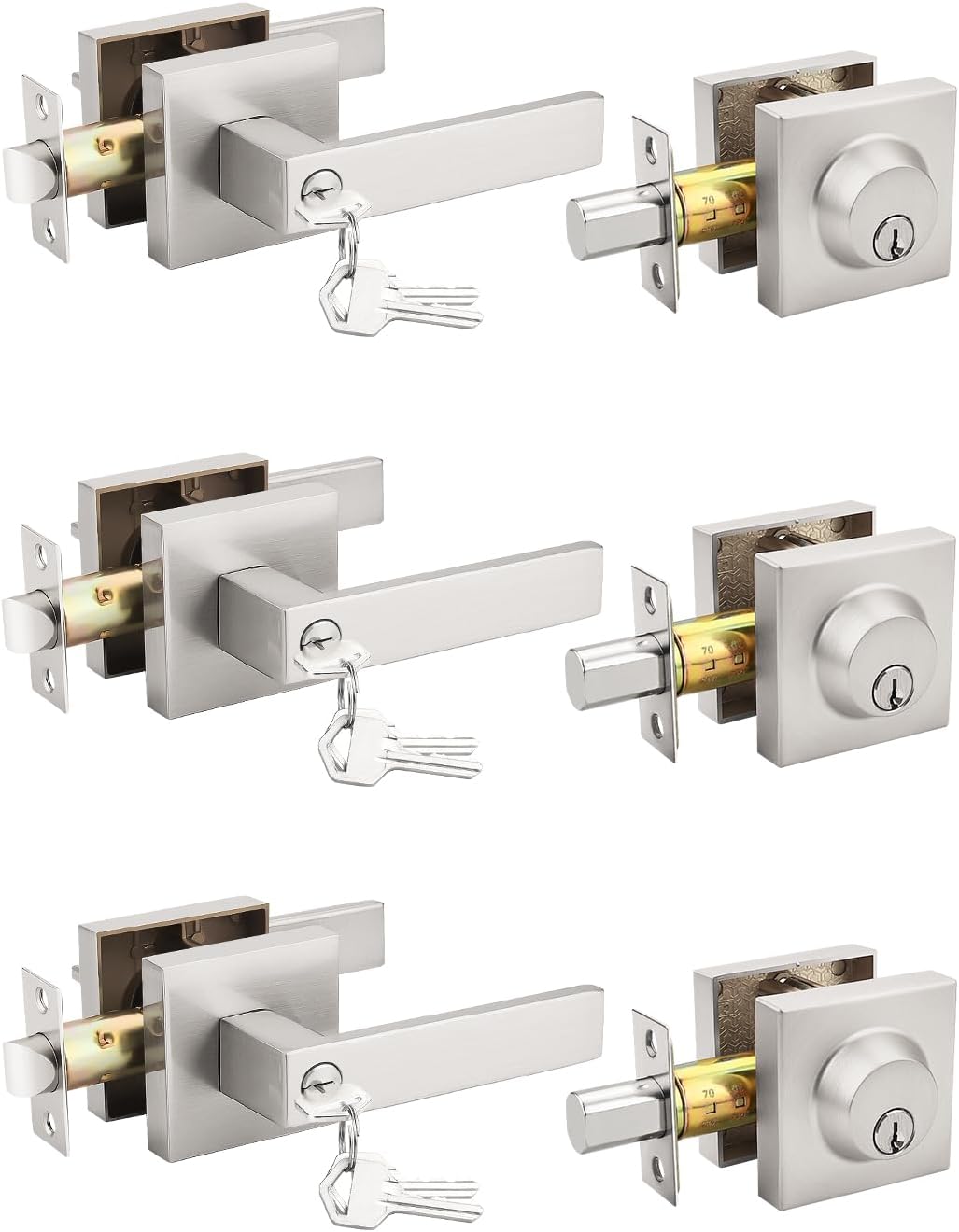 MANIJA PARA PUERTA TINEWA NÍQUEL CEPILLADO CON CERRADURA DE CILINDRO ÚNICO, JUEGO DE 3 UNIDADES - 1