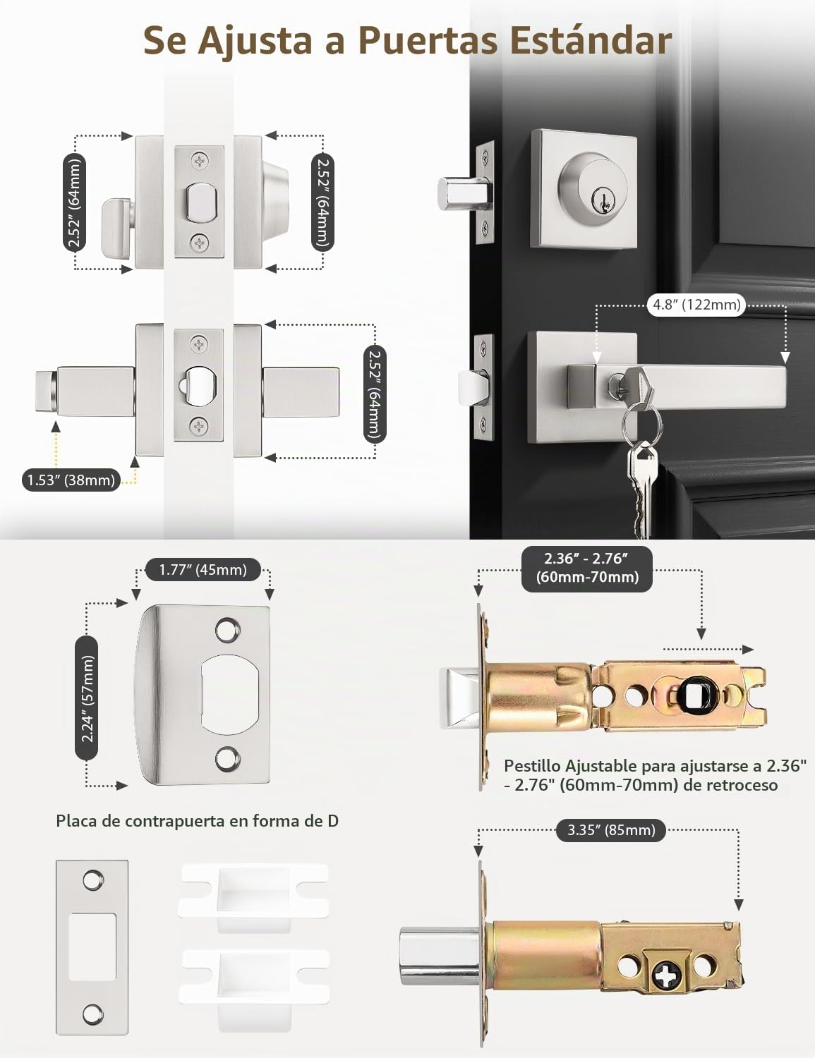 MANIJA PARA PUERTA TINEWA NÍQUEL CEPILLADO CON CERRADURA DE CILINDRO ÚNICO, JUEGO DE 3 UNIDADES - 5
