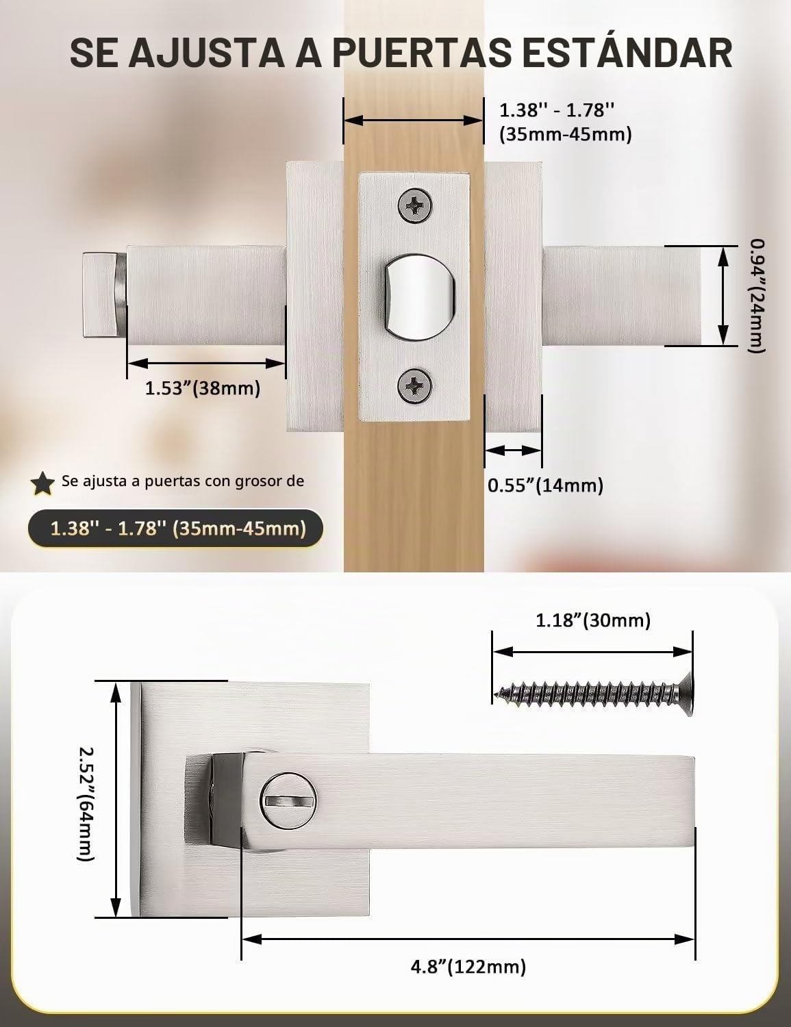 MANIJA PARA PUERTA TINEWA CUADRADA NÍQUEL SATINADO SIN LLAVE, PACK 4 UNIDADES REVERSIBLE - 2