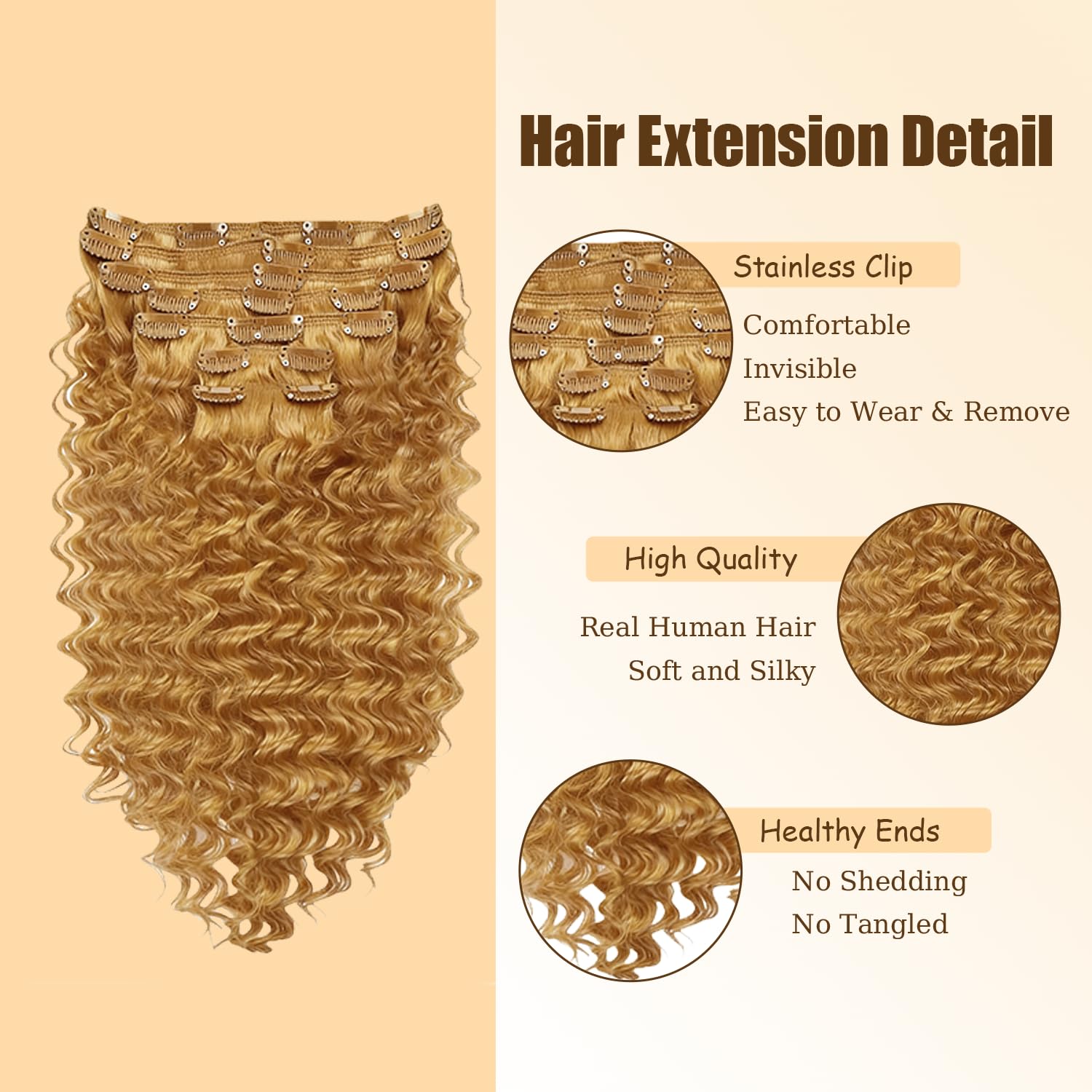 EXTENSIONES DE CABELLO CLIP-IN LAKAISA 20 PULGADAS RUBIO MIEL ONDAS PROFUNDAS 120G 7 PIEZAS - 3