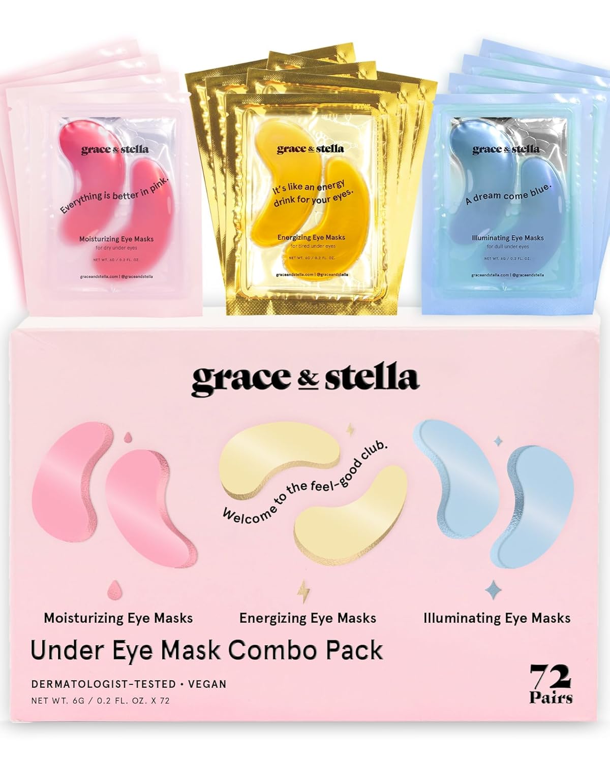MASCARILLA PARA CONTORNO DE OJOS GRACE Y STELLA 72 PARES ORO, ROSA Y AZUL - 1