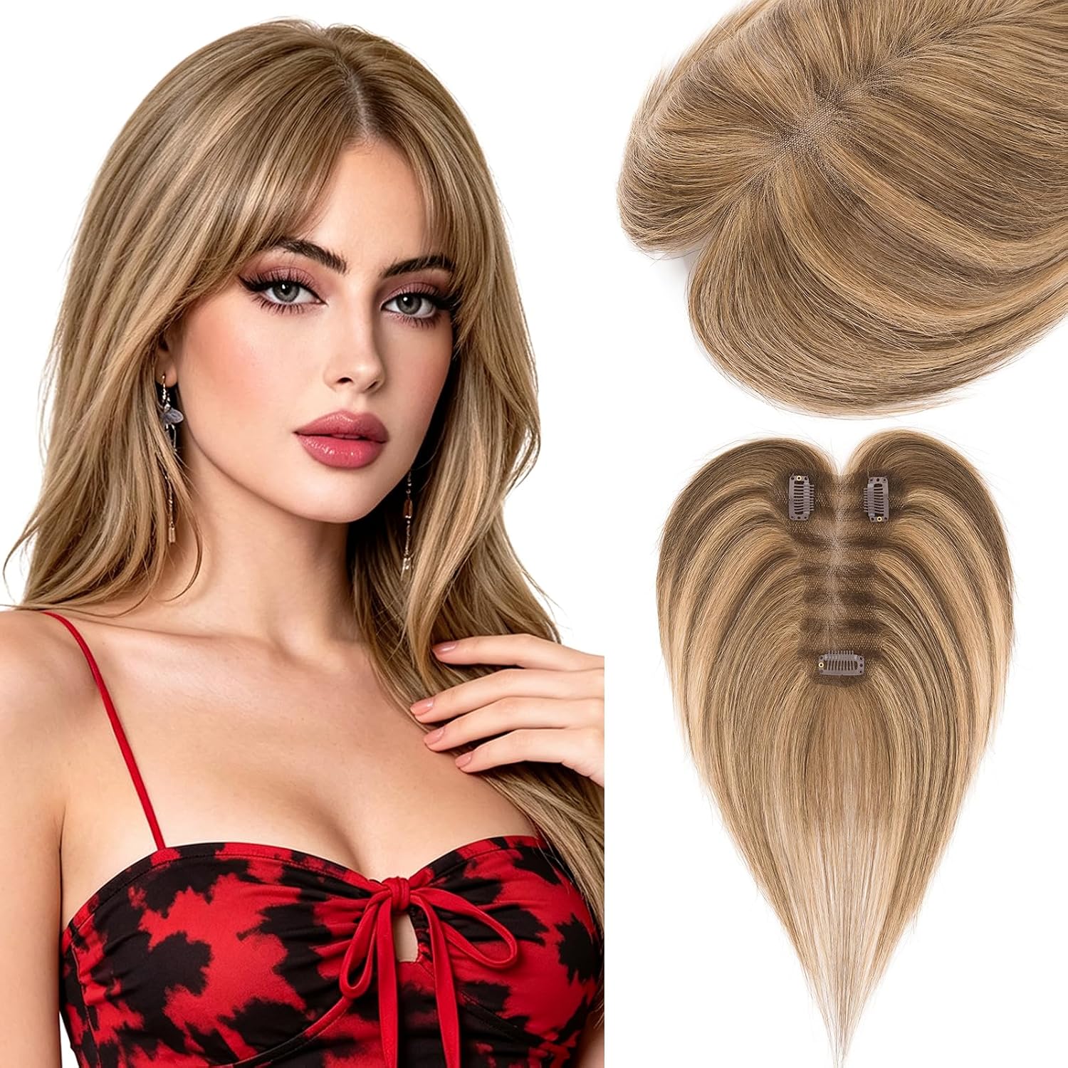 TOPPER DE CABELLO HUMANO HAIRRO CON FLEQUILLO LATERAL CLIP-IN 10 PULGADAS 17G CASTAÑO MEDIO CON RUBIO OSCURO - 1