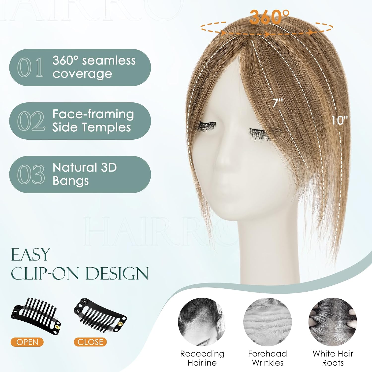 TOPPER DE CABELLO HUMANO HAIRRO CON FLEQUILLO LATERAL CLIP-IN 10 PULGADAS 17G CASTAÑO MEDIO CON RUBIO OSCURO - 5