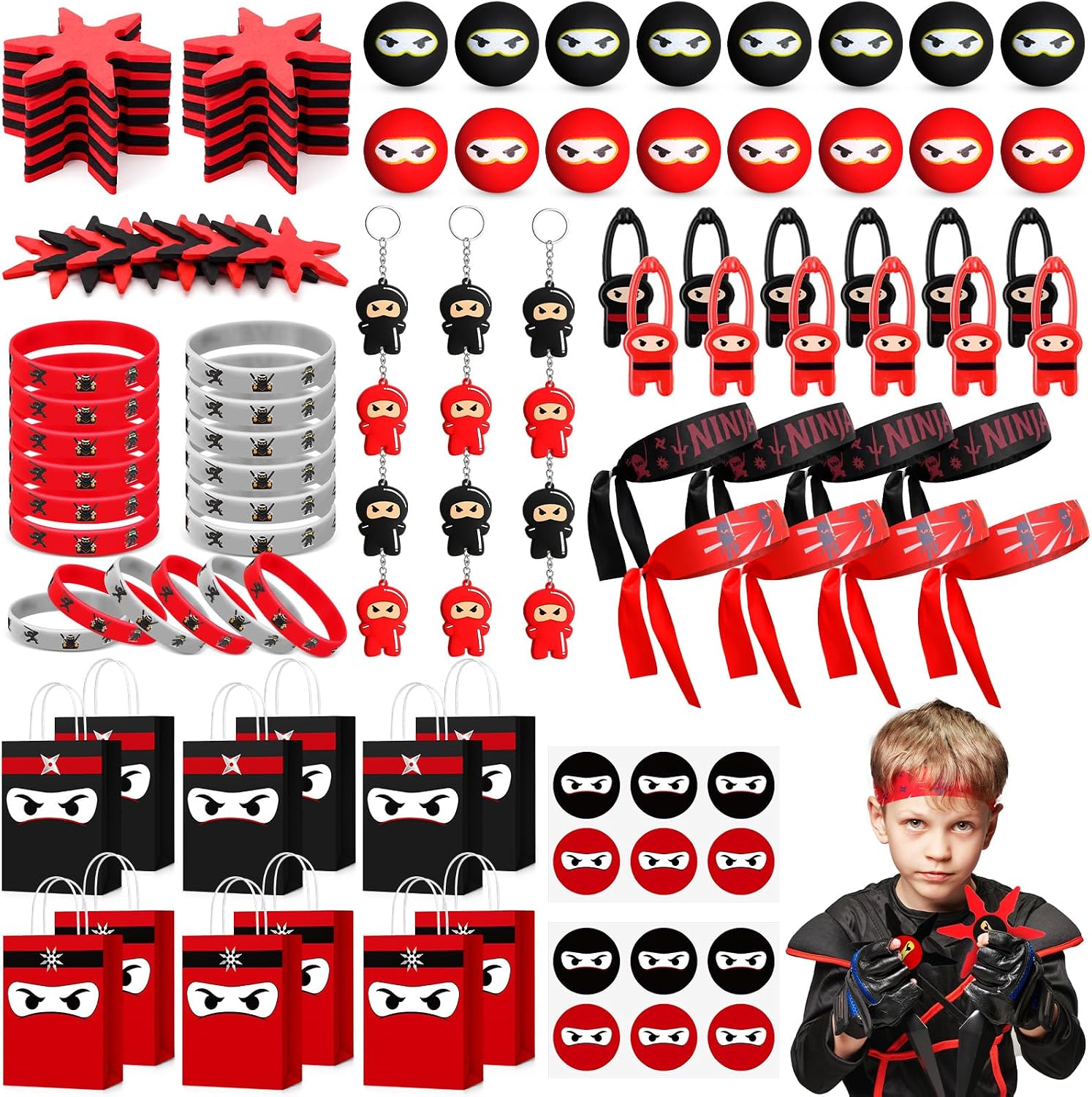 SET DE 192 RECUERDOS TEMÁTICA NINJA PARA FIESTA INFANTIL ROJO Y NEGRO - 1