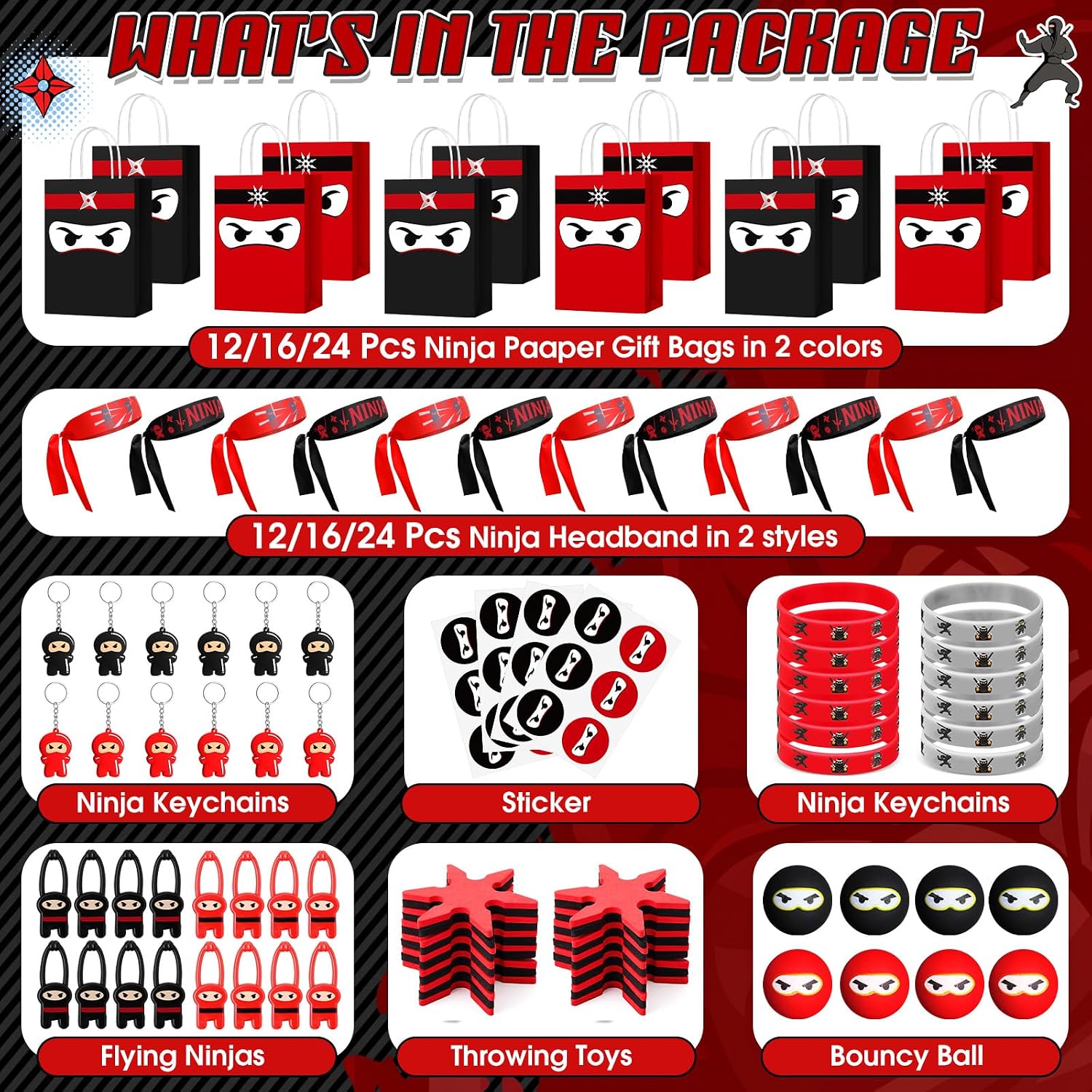 SET DE 192 RECUERDOS TEMÁTICA NINJA PARA FIESTA INFANTIL ROJO Y NEGRO - 2