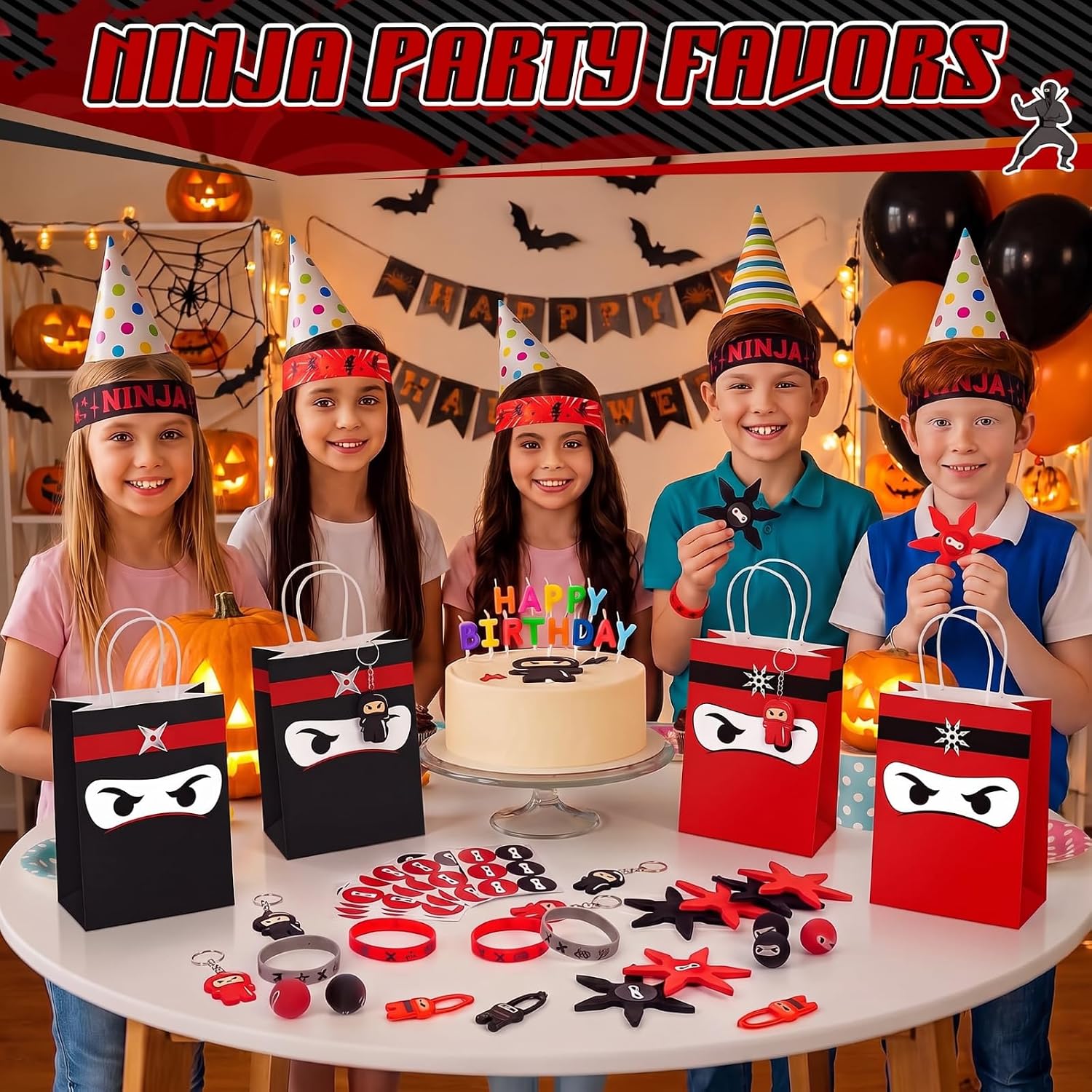 SET DE 192 RECUERDOS TEMÁTICA NINJA PARA FIESTA INFANTIL ROJO Y NEGRO - 3