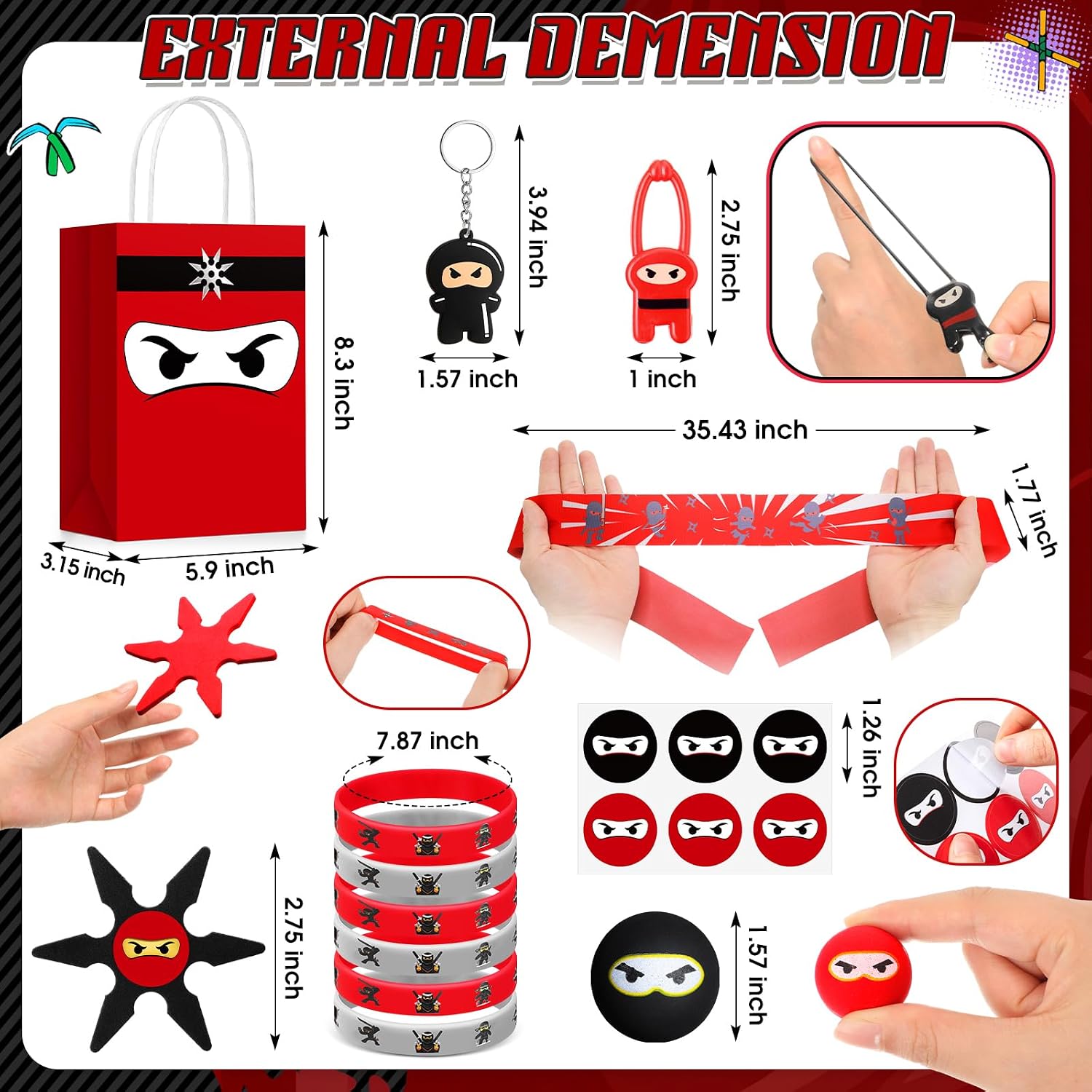 SET DE 192 RECUERDOS TEMÁTICA NINJA PARA FIESTA INFANTIL ROJO Y NEGRO - 5