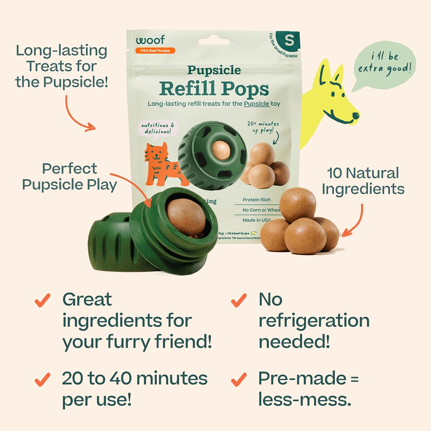 SNACK WOOF PUPSICLE REFILL POPS MANTEQUILLA DE MANÍ Y CARNE PEQUEÑO 2 PACK - 3
