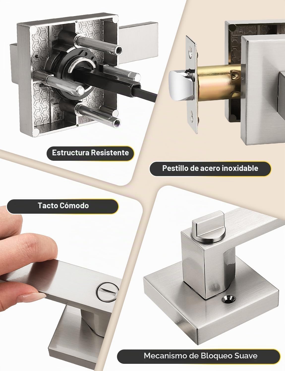 MANIJA PARA PUERTA INTERIOR TINEWA CUADRADA NÍQUEL SATINADO SIN LLAVE PACK 2 UNIDADES - 4