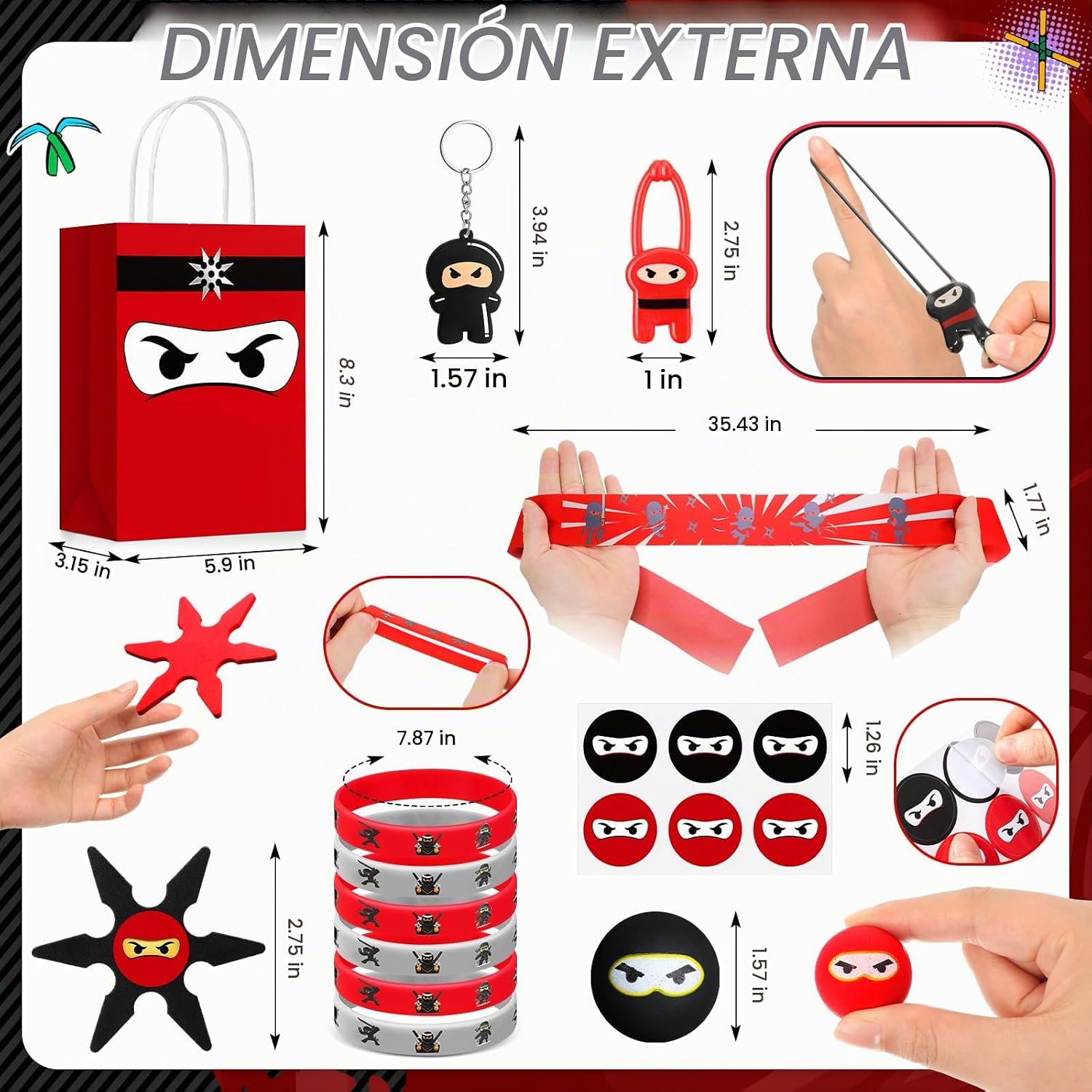 SET DE 96 RECUERDOS TEMÁTICA NINJA PARA FIESTA INFANTIL ROJO Y NEGRO - 5