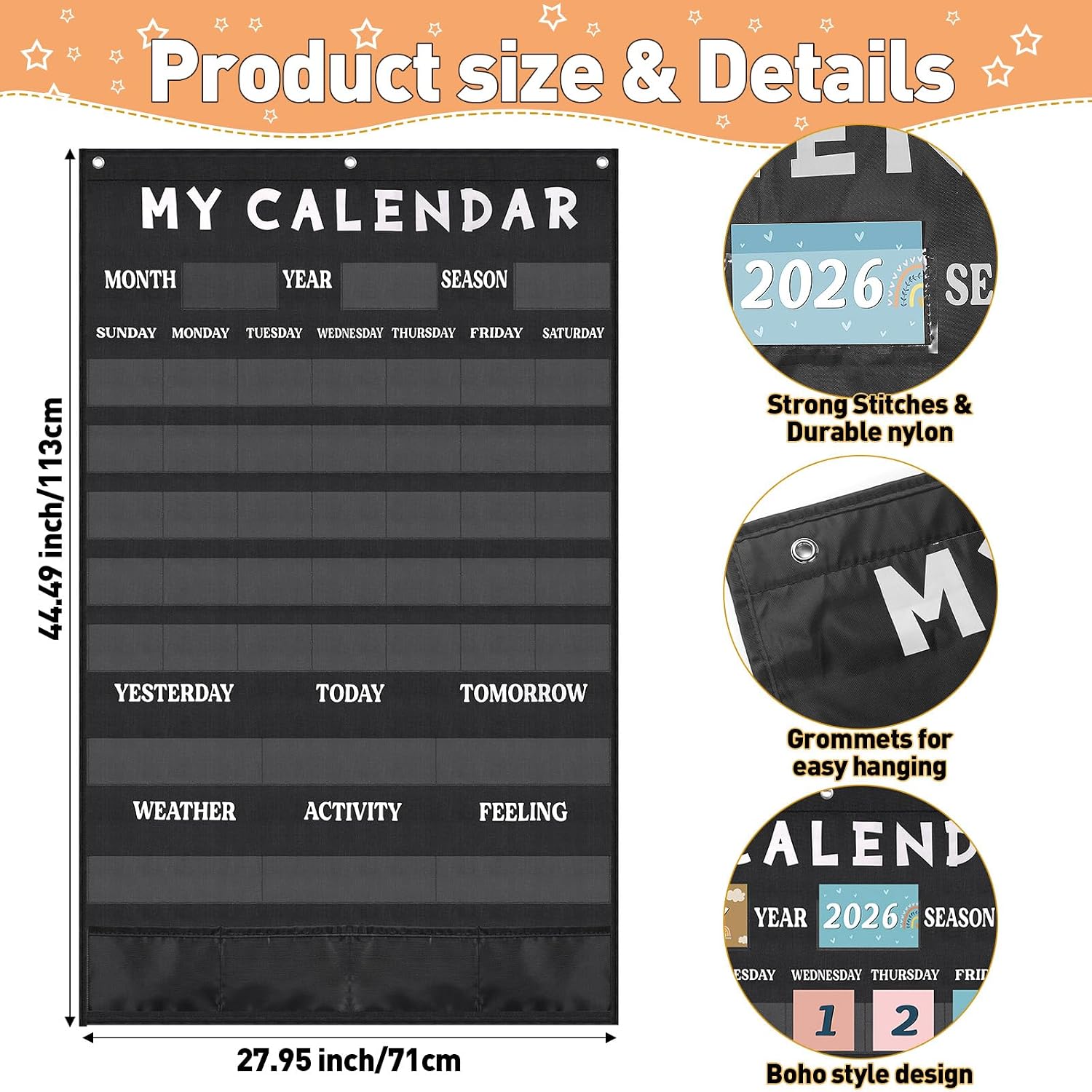 CALENDARIO DE BOLSILLO FULMOON BOHO PARA AULA 44.5 X 28 PULGADAS - 3