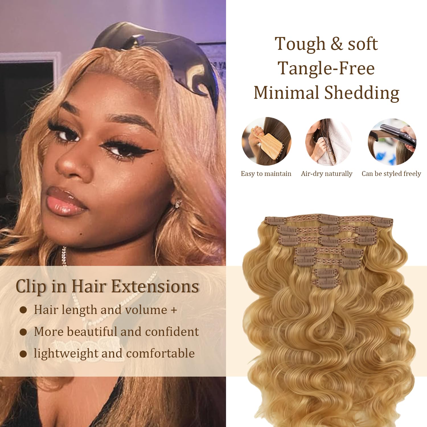 EXTENSIONES DE CABELLO CLIP-IN LAKAISA 16 PULGADAS RUBIO MIEL 120G 7 PIEZAS - 3