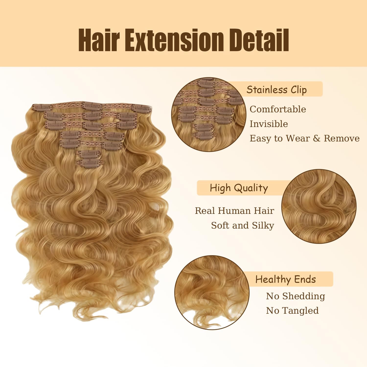 EXTENSIONES DE CABELLO CLIP-IN LAKAISA 16 PULGADAS RUBIO MIEL 120G 7 PIEZAS - 4
