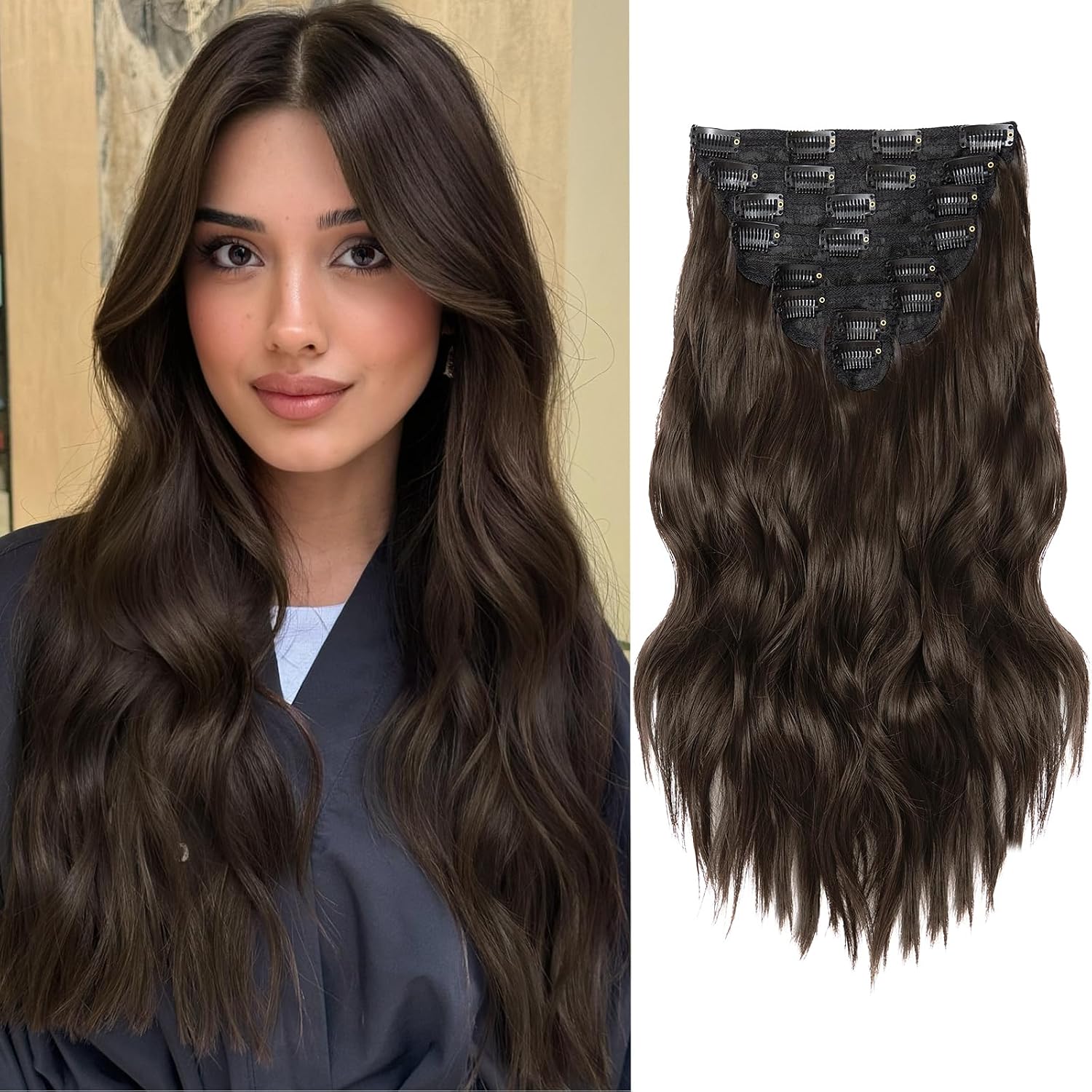 EXTENSIONES DE CABELLO CLIP-IN VERNA 8 PIEZAS 16 PULGADAS CASTAÑO OSCURO ONDULADO - 1