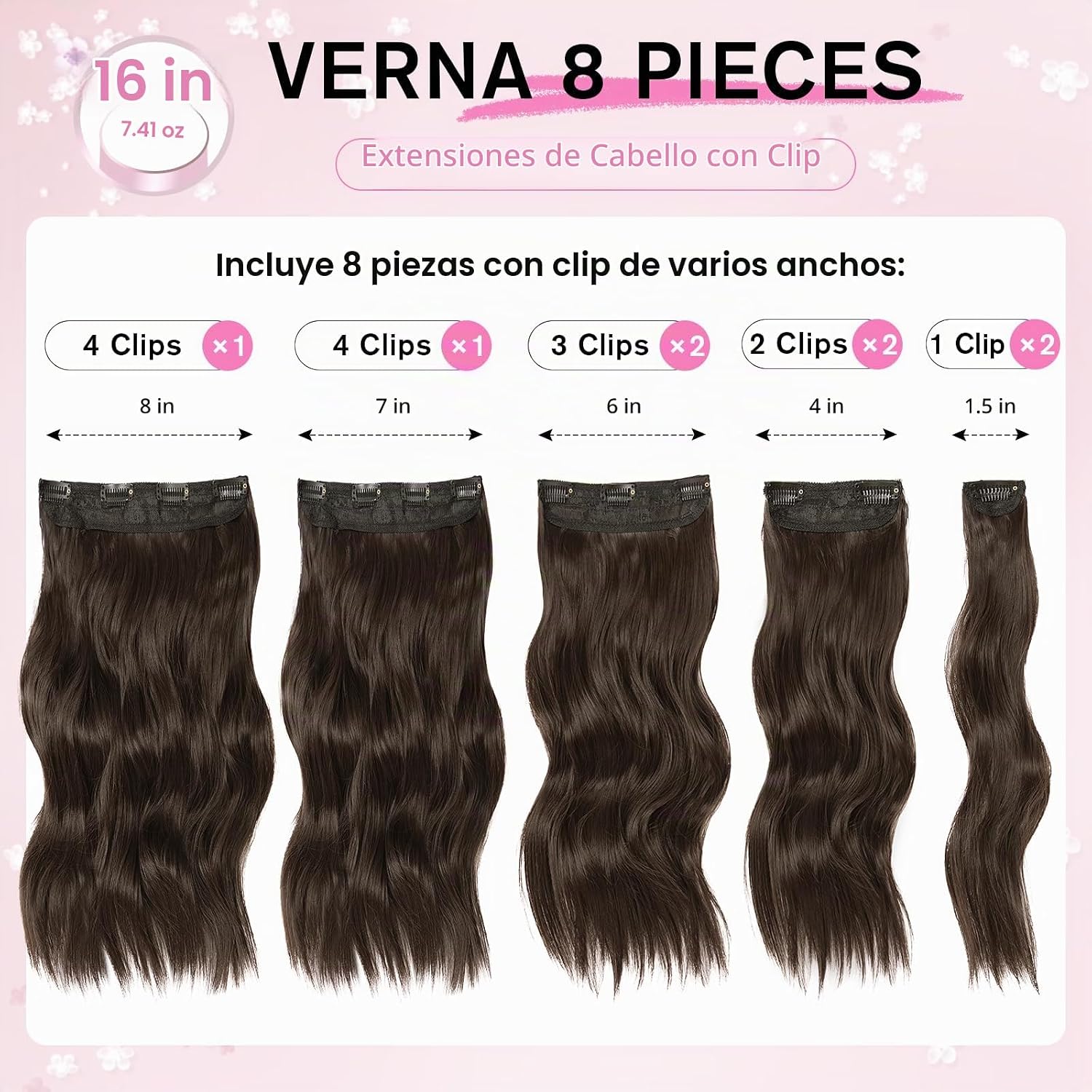 EXTENSIONES DE CABELLO CLIP-IN VERNA 8 PIEZAS 16 PULGADAS CASTAÑO OSCURO ONDULADO - 2