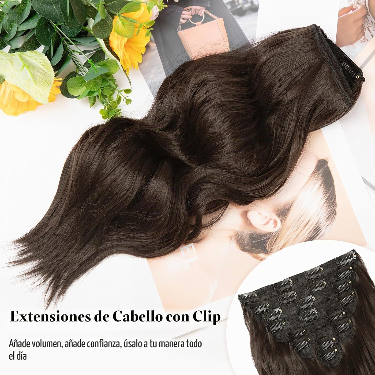 EXTENSIONES DE CABELLO CLIP-IN VERNA 8 PIEZAS 16 PULGADAS CASTAÑO OSCURO ONDULADO - 3