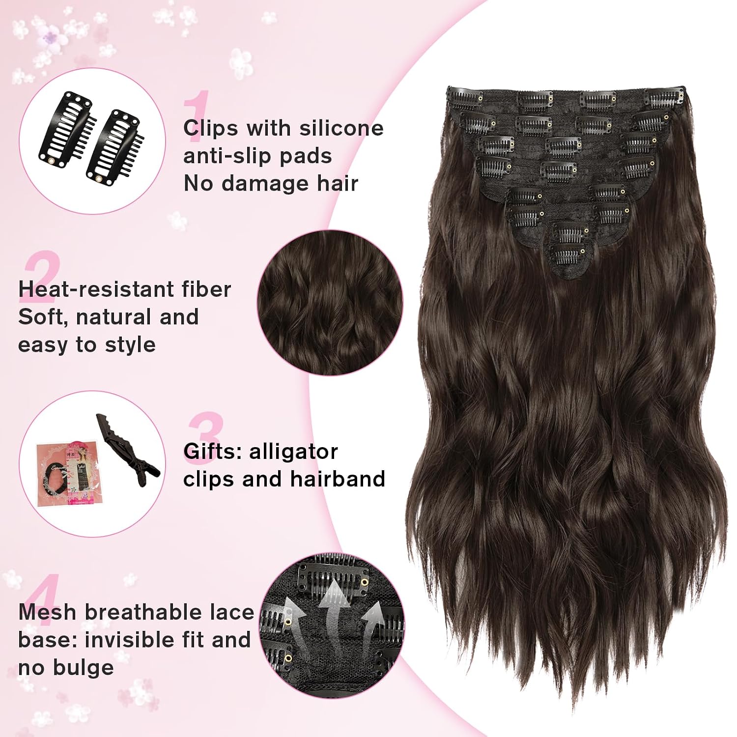 EXTENSIONES DE CABELLO CLIP-IN VERNA 8 PIEZAS 16 PULGADAS CASTAÑO OSCURO ONDULADO - 4