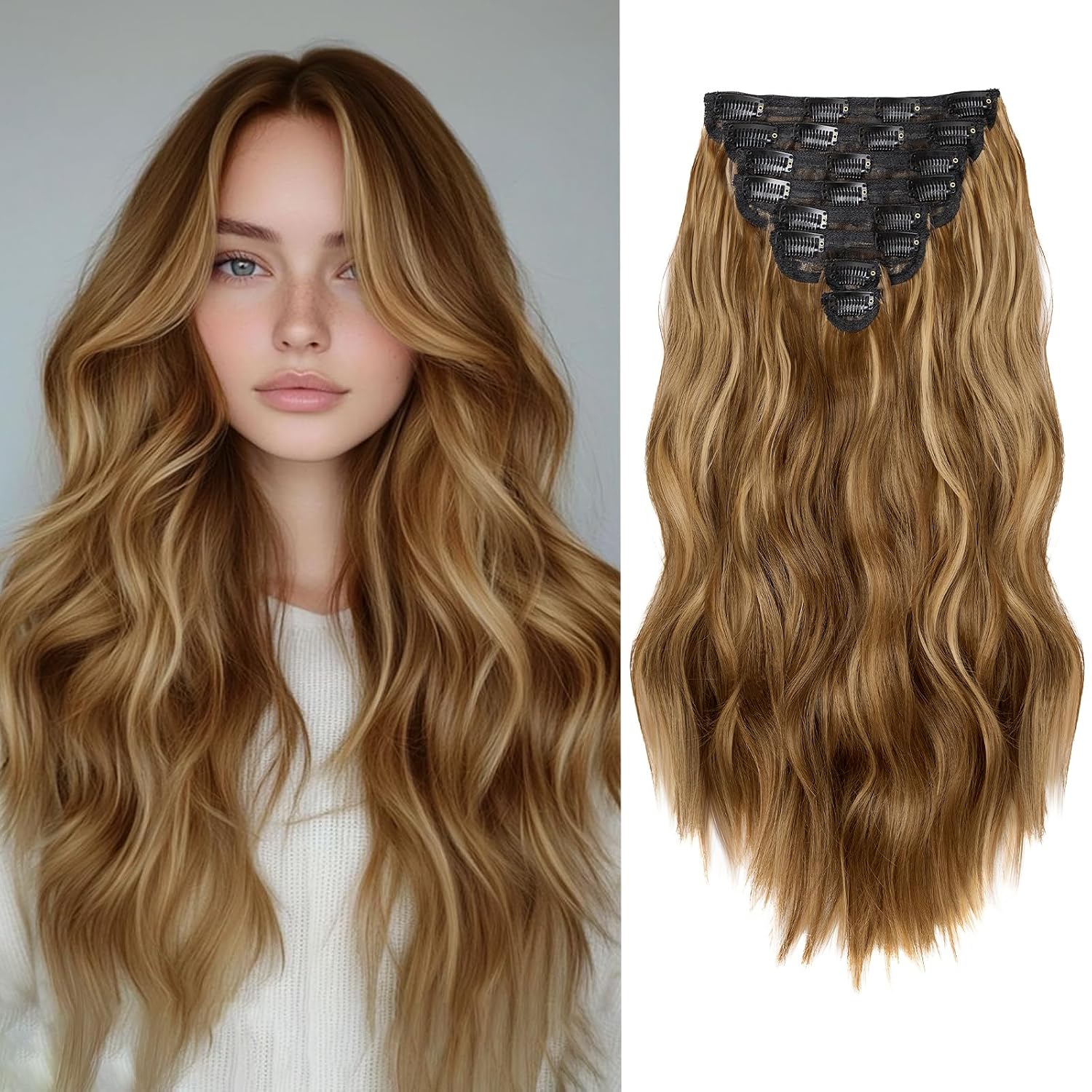 EXTENSIONES DE CABELLO CLIP IN ONDULADAS CASTAÑO Y RUBIO 20 PULGADAS 8 PIEZAS - 1