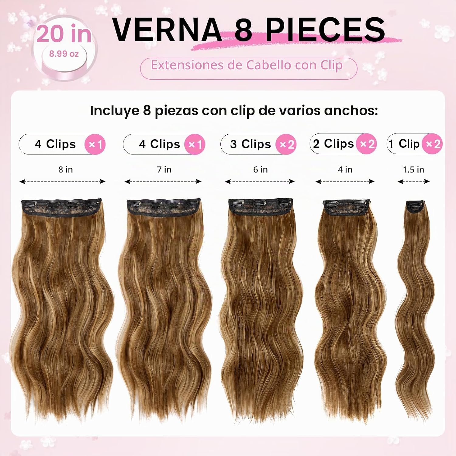 EXTENSIONES DE CABELLO CLIP IN ONDULADAS CASTAÑO Y RUBIO 20 PULGADAS 8 PIEZAS - 2