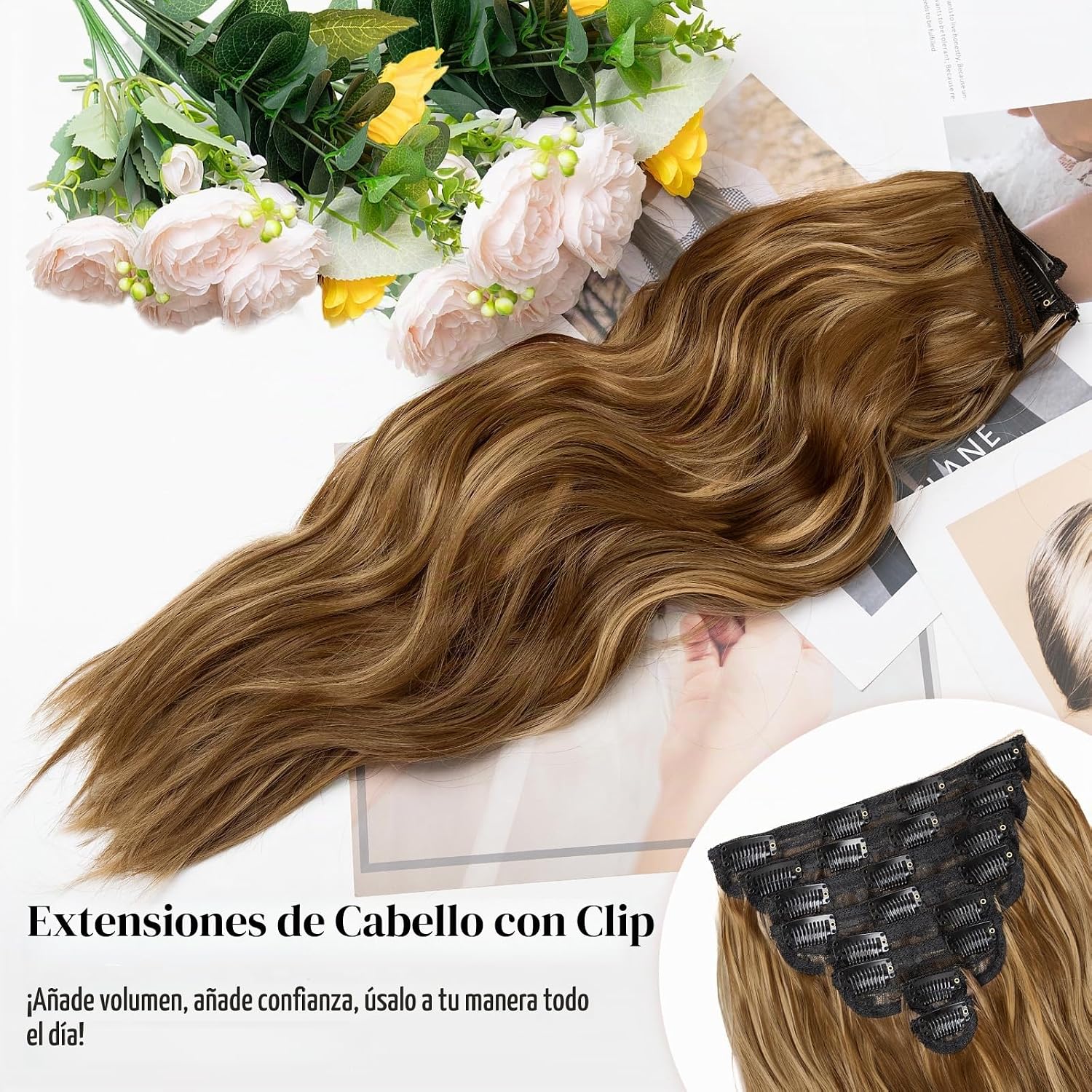 EXTENSIONES DE CABELLO CLIP IN ONDULADAS CASTAÑO Y RUBIO 20 PULGADAS 8 PIEZAS - 3