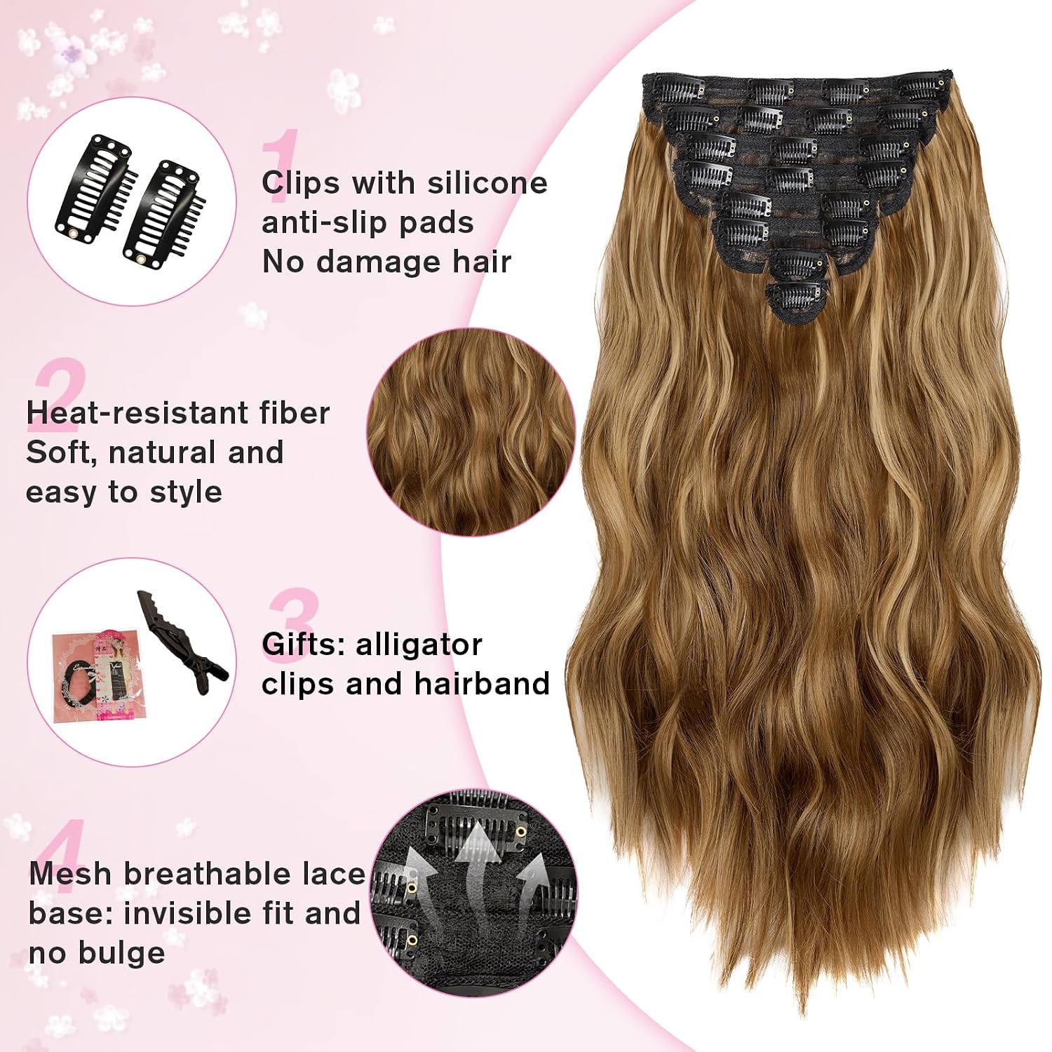 EXTENSIONES DE CABELLO CLIP IN ONDULADAS CASTAÑO Y RUBIO 20 PULGADAS 8 PIEZAS - 4