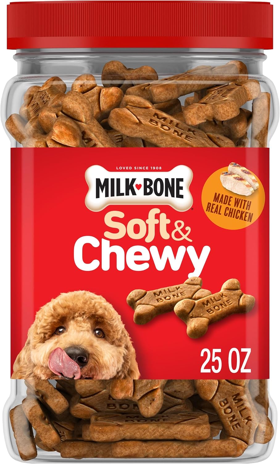 PREMIOS PARA PERROS MILK-BONE SOFT Y CHEWY SABOR POLLO, LATA 25 OZ - 1