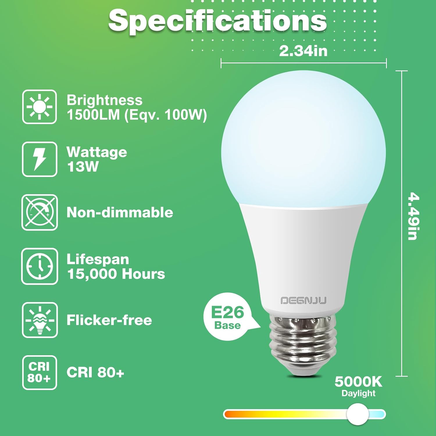 AMPOLLETA LED A19 DEGNJU 13W LUZ BLANCA FRÍA 5000K BASE E26 PACK 6 UNIDADES - 2