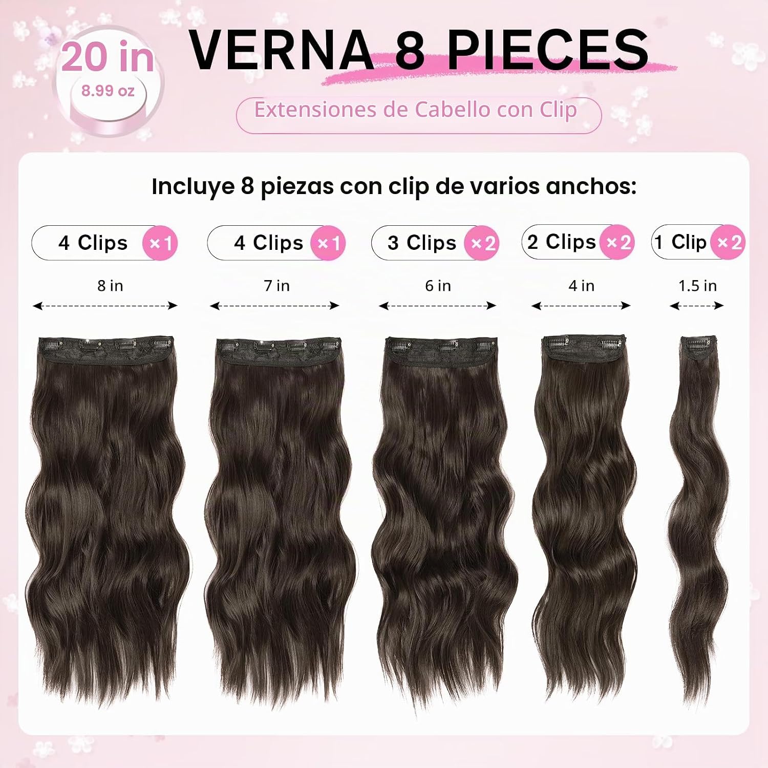 EXTENSIONES DE CABELLO CLIP IN ONDULADO MARRÓN OSCURO 20 PULGADAS 8 PIEZAS VERNA - 2