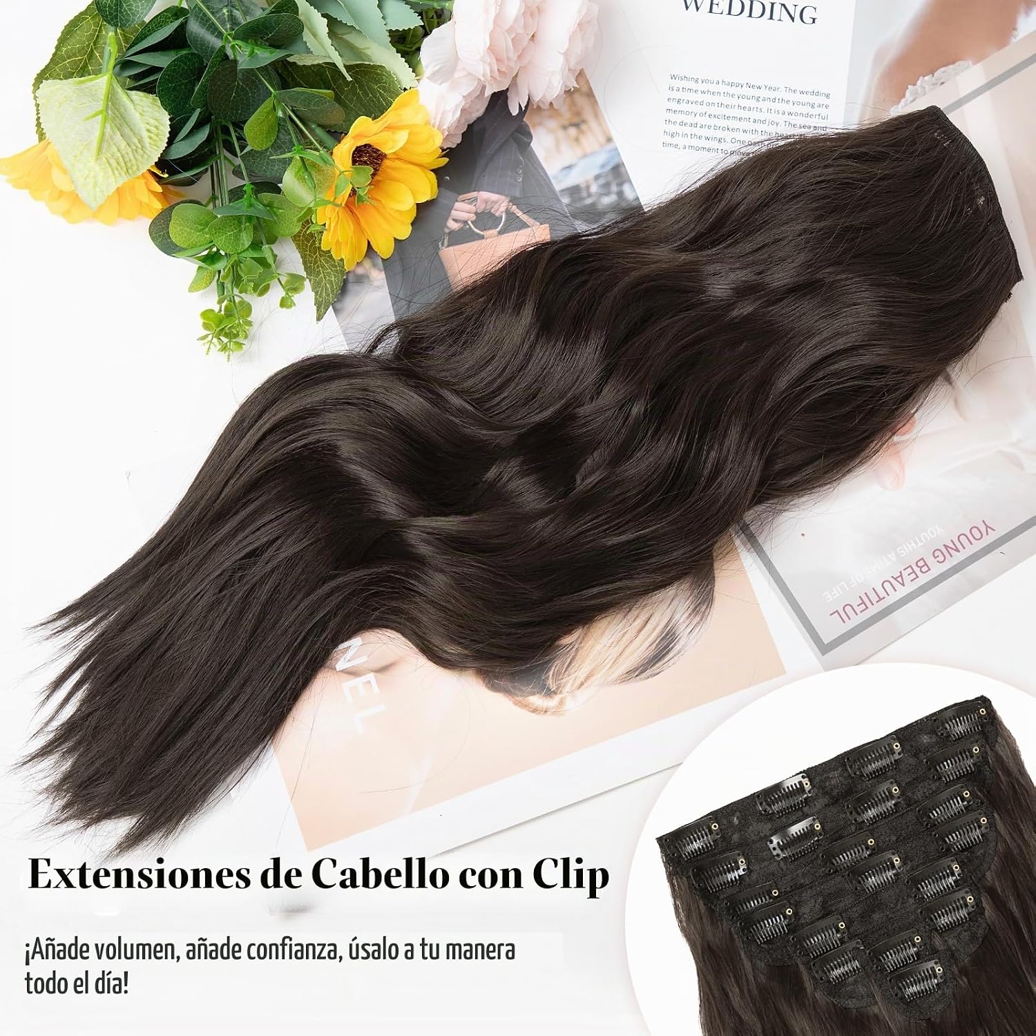 EXTENSIONES DE CABELLO CLIP IN ONDULADO MARRÓN OSCURO 20 PULGADAS 8 PIEZAS VERNA - 3