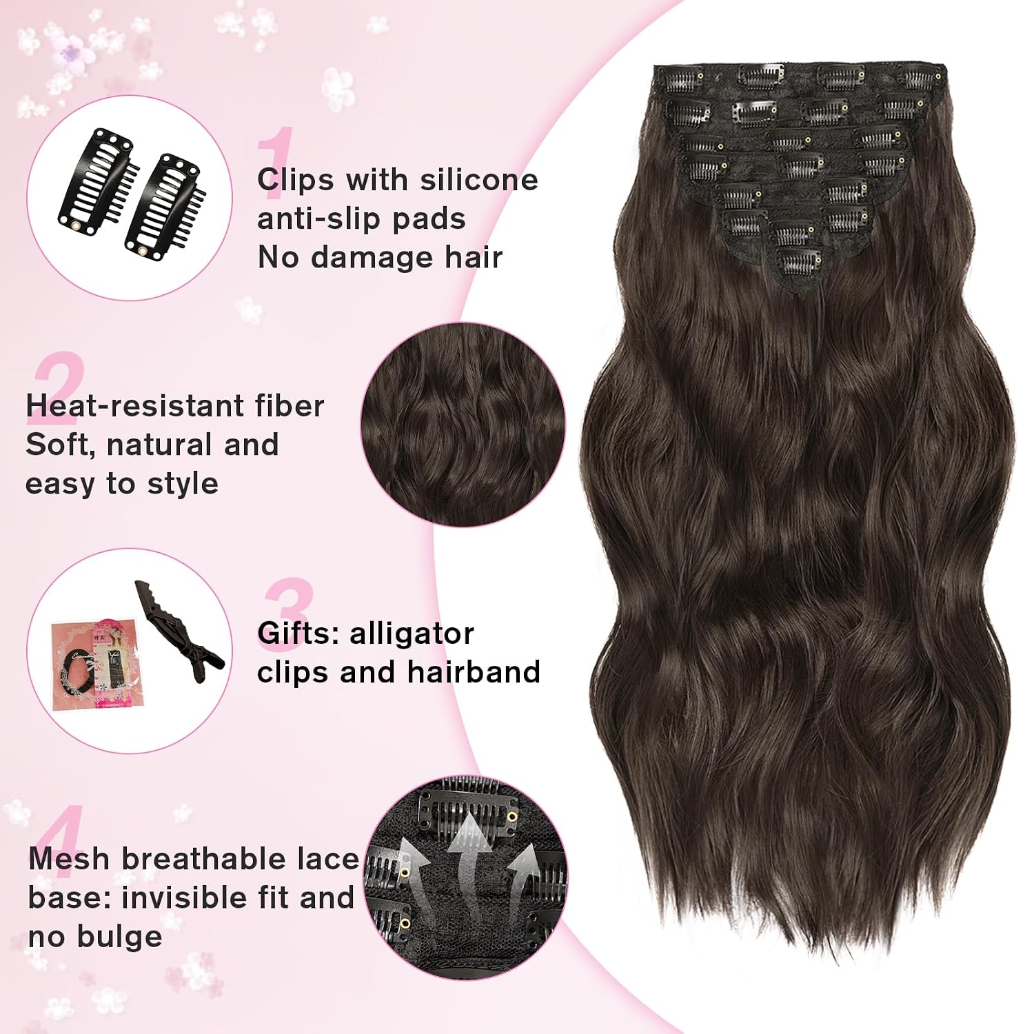 EXTENSIONES DE CABELLO CLIP IN ONDULADO MARRÓN OSCURO 20 PULGADAS 8 PIEZAS VERNA - 4