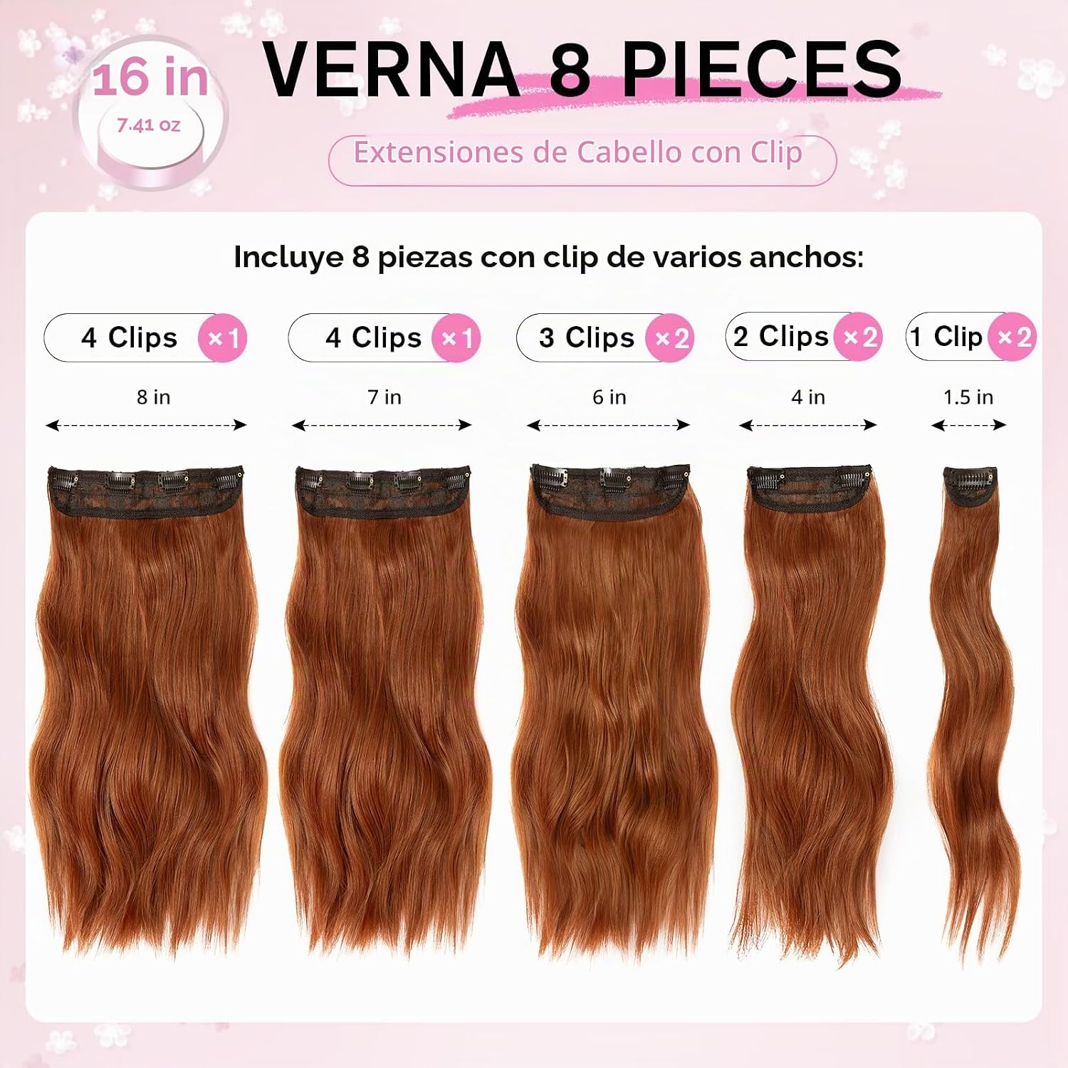 EXTENSIONES DE CABELLO CLIP IN ONDULADAS COBRE 16 PULGADAS 8 PIEZAS VERNA - 2