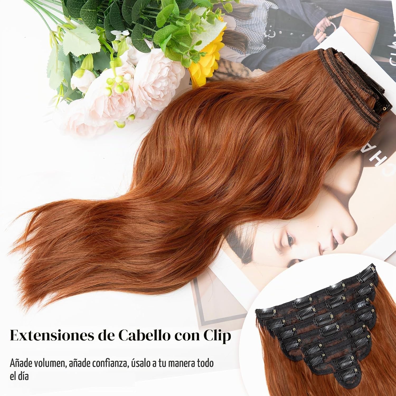 EXTENSIONES DE CABELLO CLIP IN ONDULADAS COBRE 16 PULGADAS 8 PIEZAS VERNA - 3