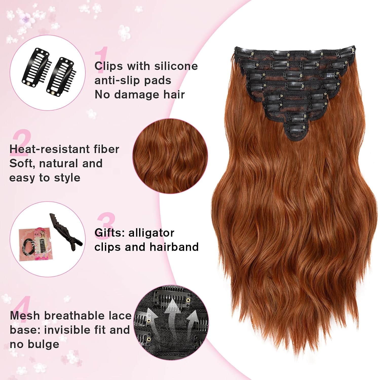 EXTENSIONES DE CABELLO CLIP IN ONDULADAS COBRE 16 PULGADAS 8 PIEZAS VERNA - 4