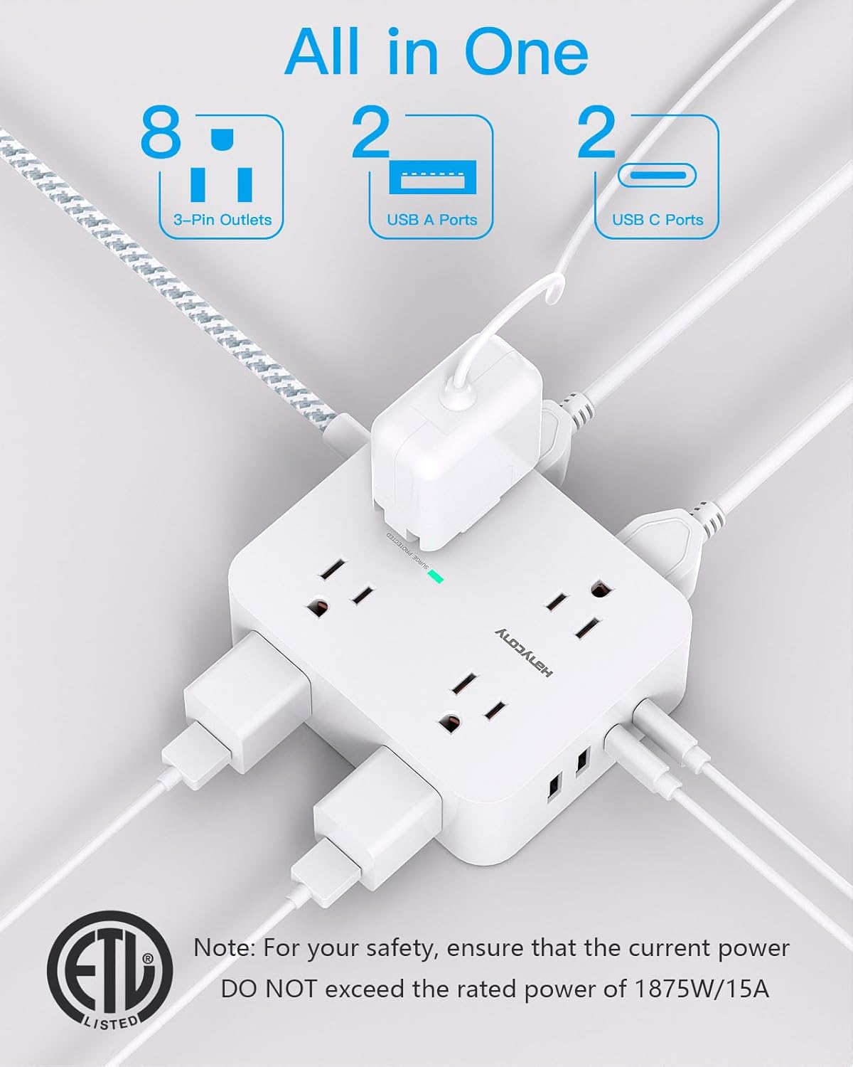 REGLETA DE EXTENSIÓN HANYCONY 20 PIES CON PROTECCIÓN DE SOBRETENSIÓN Y PUERTOS USB - 2
