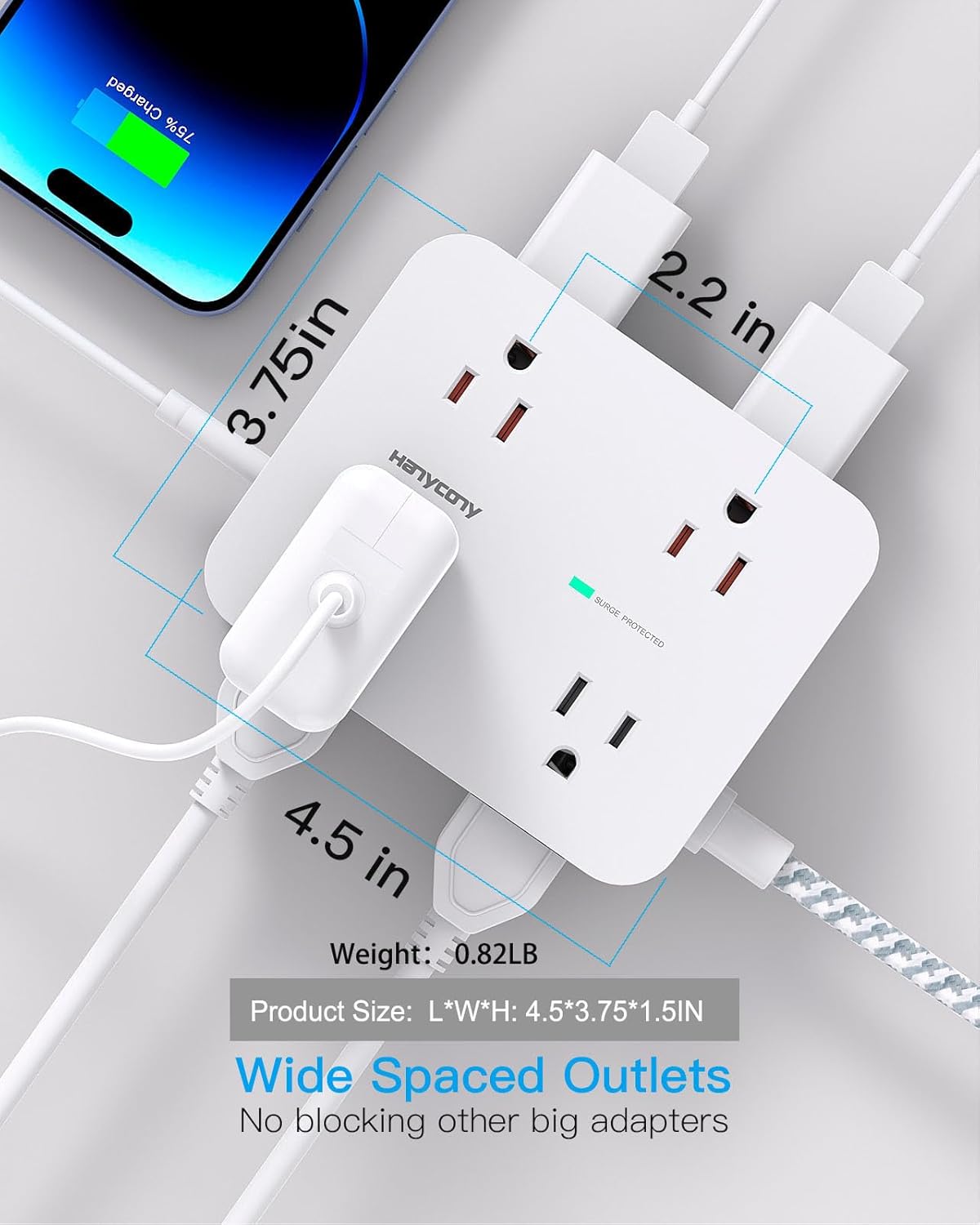 REGLETA DE EXTENSIÓN HANYCONY 20 PIES CON PROTECCIÓN DE SOBRETENSIÓN Y PUERTOS USB - 3