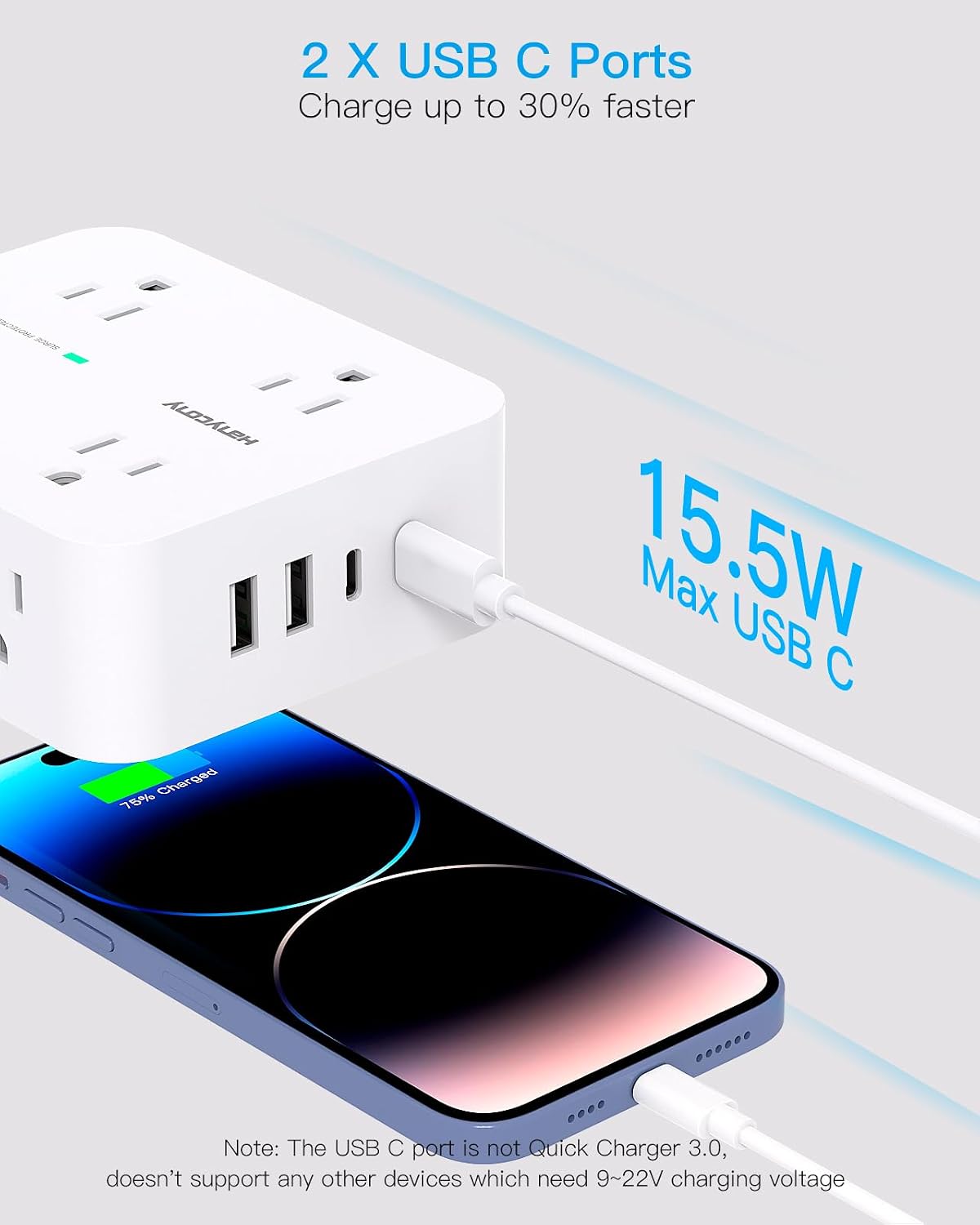 REGLETA DE EXTENSIÓN HANYCONY 20 PIES CON PROTECCIÓN DE SOBRETENSIÓN Y PUERTOS USB - 4
