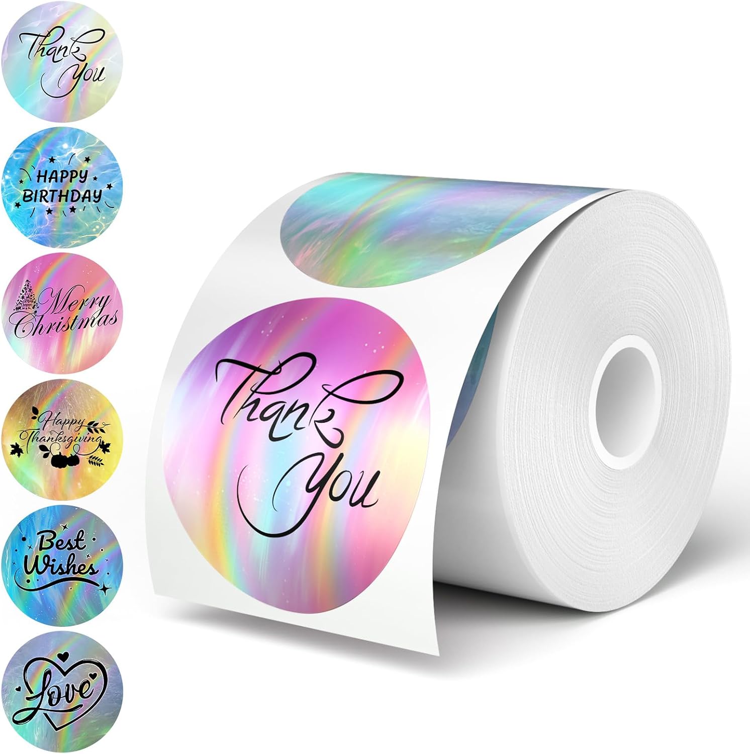 ETIQUETAS TÉRMICAS REDONDAS HOLOGRÁFICAS FLYQGGO 2 PULGADAS DISEÑO ONDA ARCOÍRIS 300 PIEZAS - 1