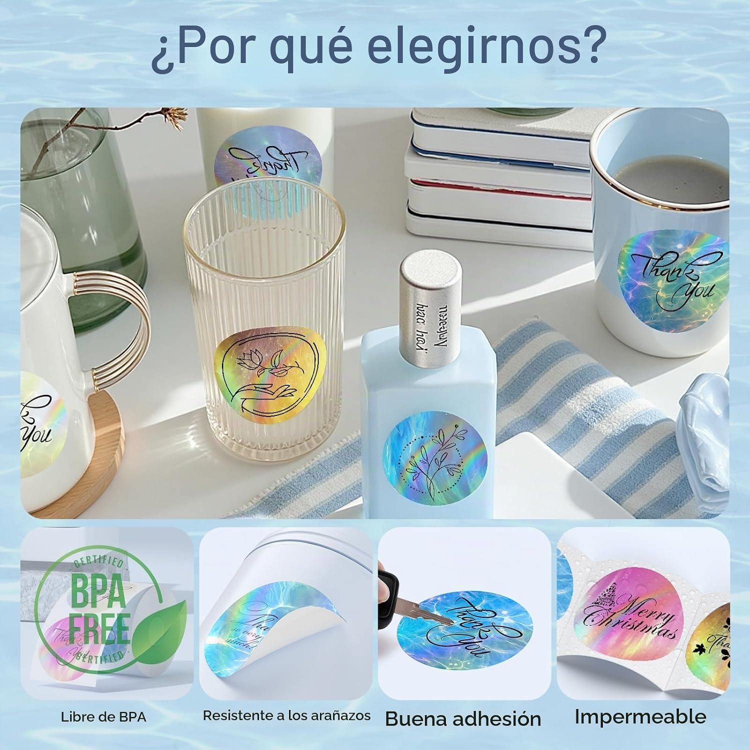 ETIQUETAS TÉRMICAS REDONDAS HOLOGRÁFICAS FLYQGGO 2 PULGADAS DISEÑO ONDA ARCOÍRIS 300 PIEZAS - 4