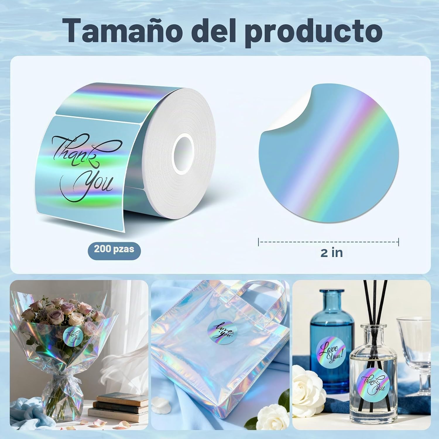 ETIQUETAS TÉRMICAS HOLOGRÁFICAS 2 PULGADAS FLYQGGO ACABADO ARCOÍRIS 200 UNIDADES - 2