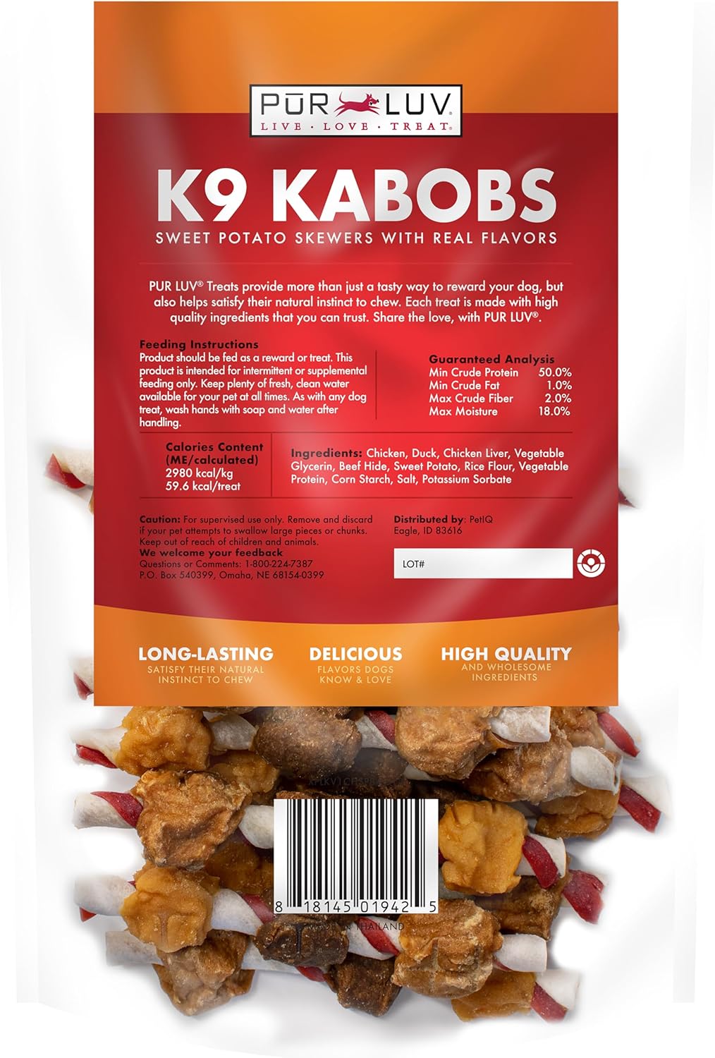 SNACKS PARA PERROS PUR LUV K9 KABOBS POLLO, PATO Y CAMOTE 340G - 2