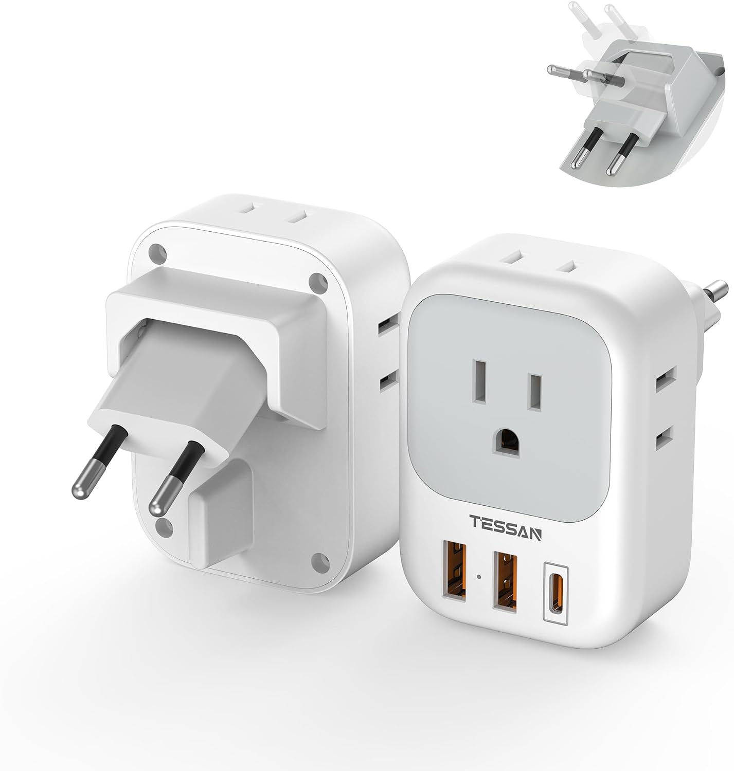 ADAPTADOR DE VIAJE TESSAN TIPO C PLEGABLE 2 UNIDADES CON 4 TOMAS Y 3 PUERTOS USB - 1
