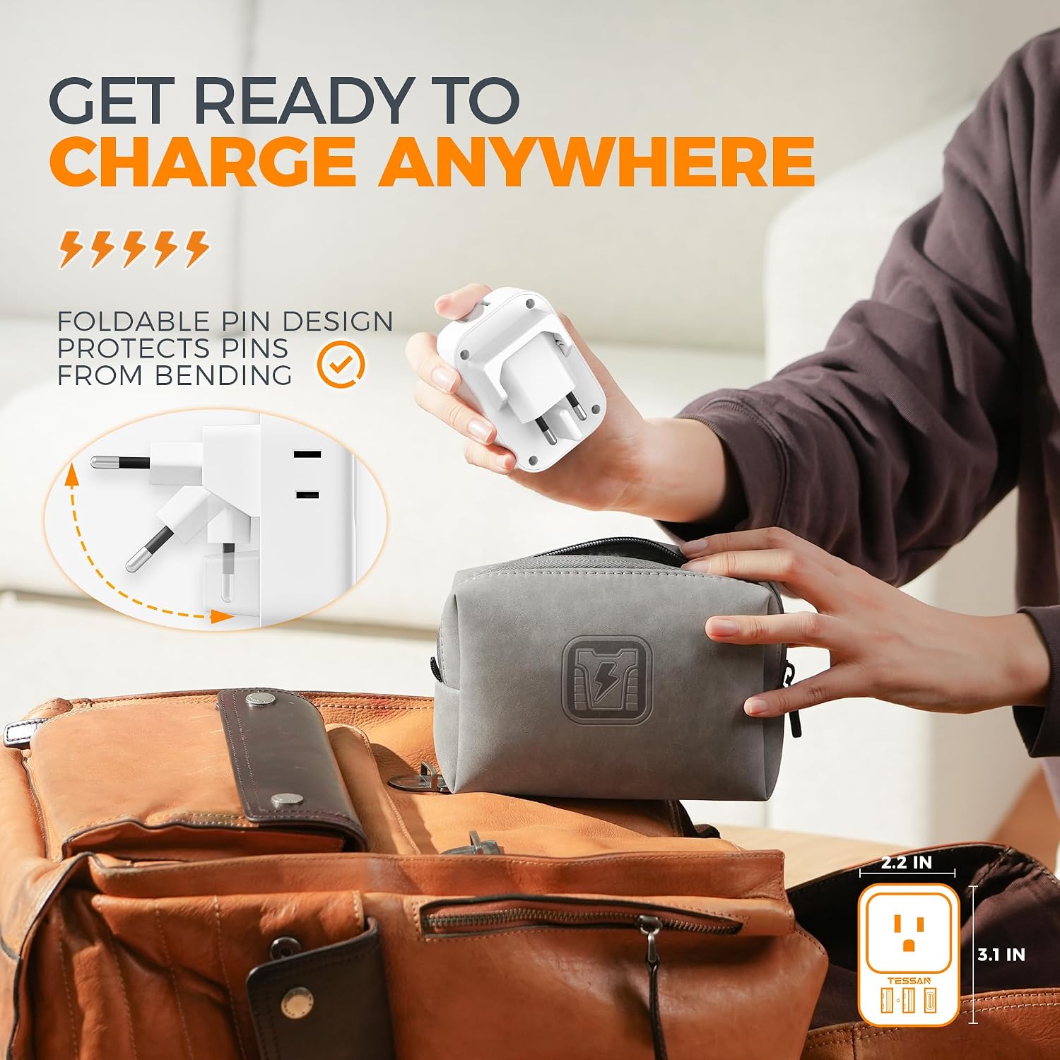 ADAPTADOR DE VIAJE TESSAN TIPO C PLEGABLE 2 UNIDADES CON 4 TOMAS Y 3 PUERTOS USB - 2