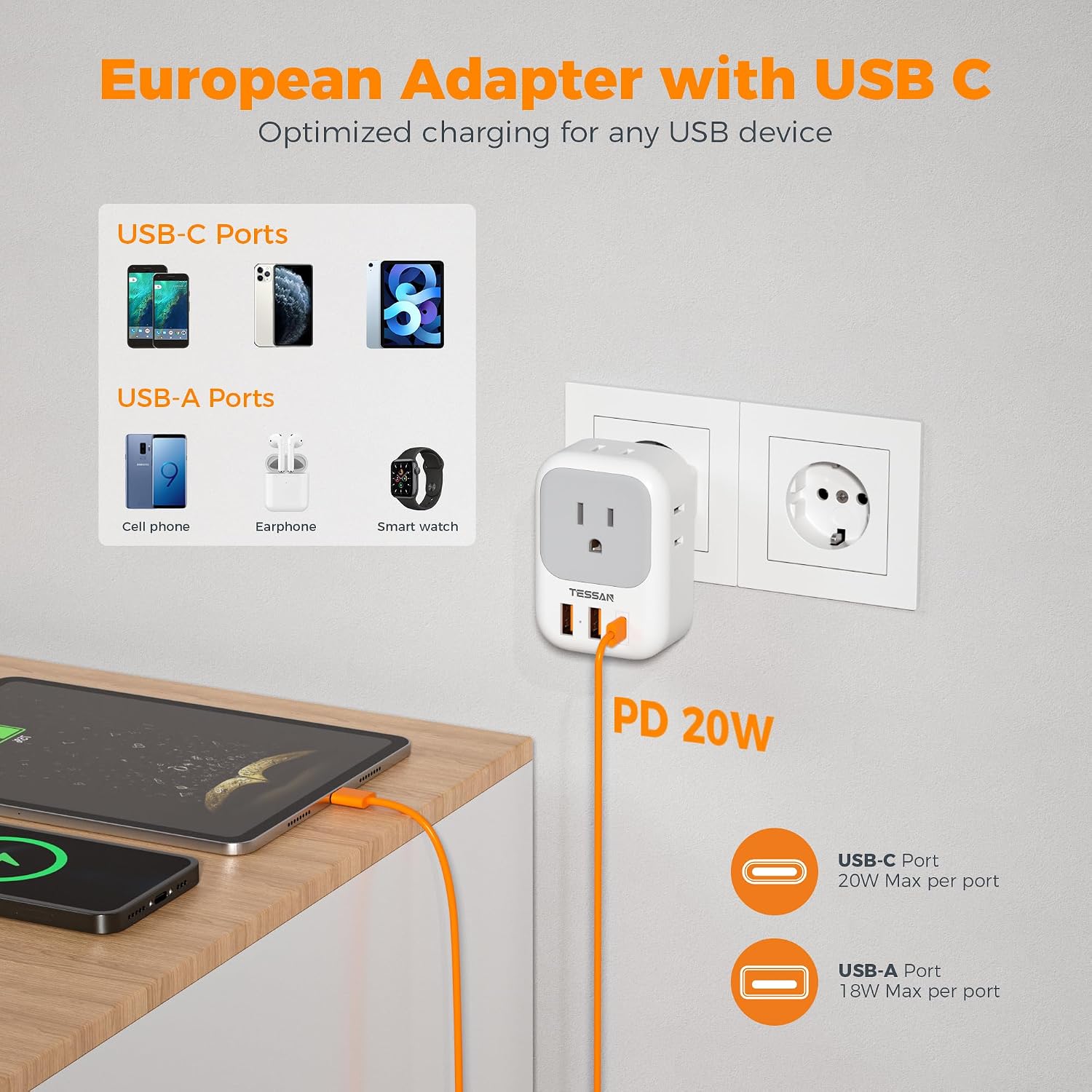ADAPTADOR DE VIAJE TESSAN TIPO C PLEGABLE 2 UNIDADES CON 4 TOMAS Y 3 PUERTOS USB - 3