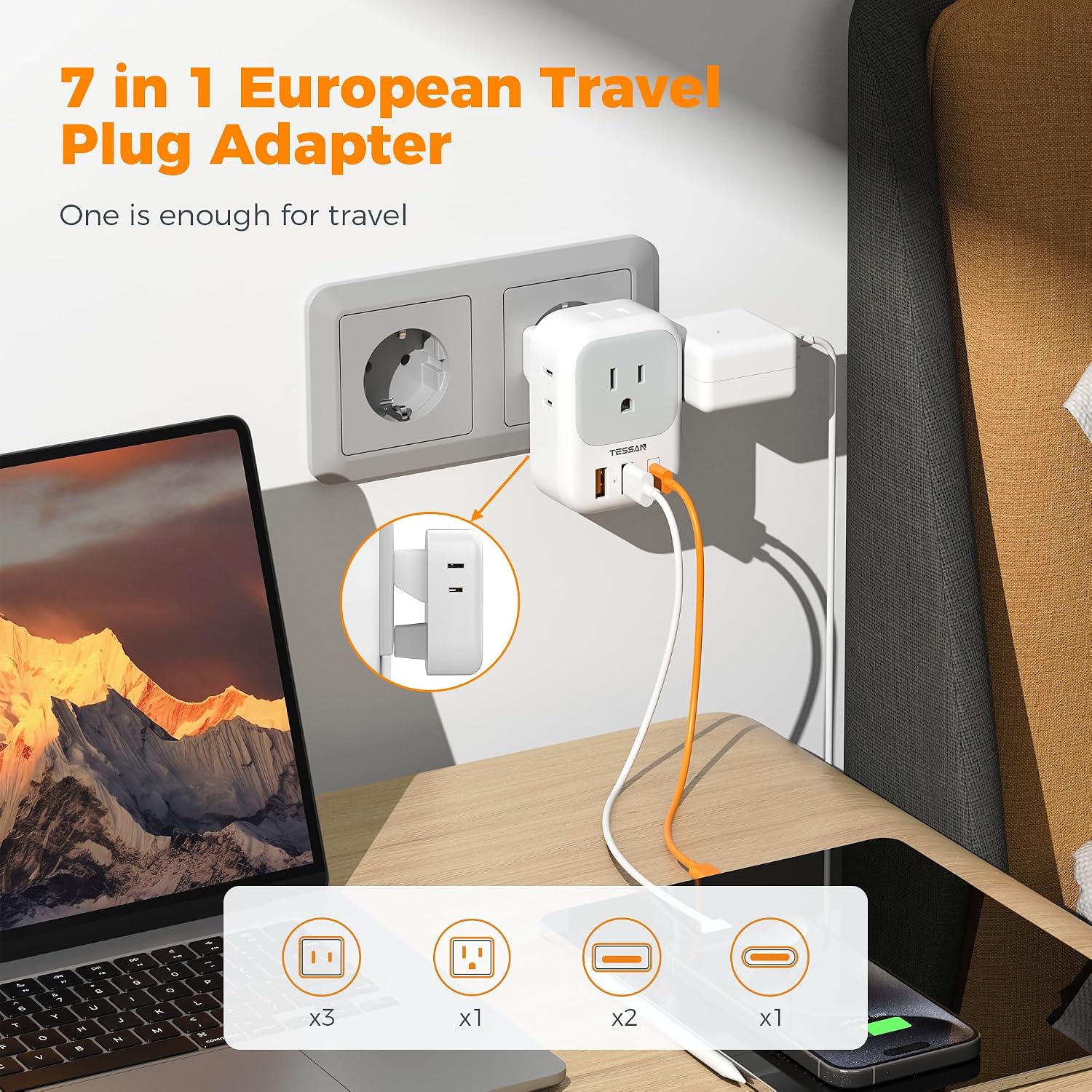 ADAPTADOR DE VIAJE TESSAN TIPO C PLEGABLE 2 UNIDADES CON 4 TOMAS Y 3 PUERTOS USB - 4